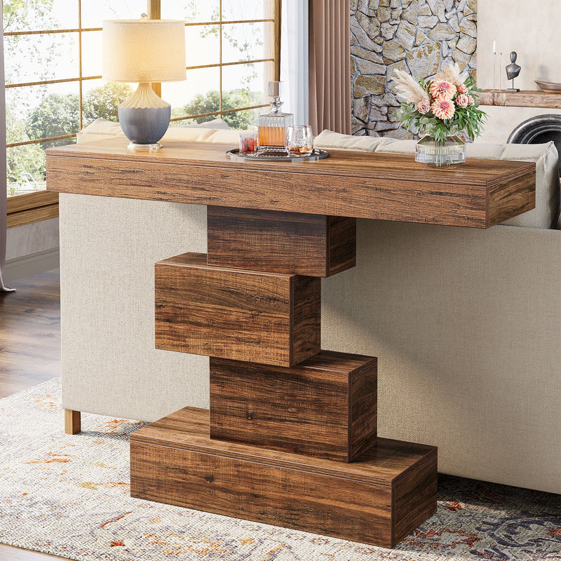 108 cm Landelijke Console, Industriële Bijzettafel met Geometrische Basis voor Hal en Woonkamer
