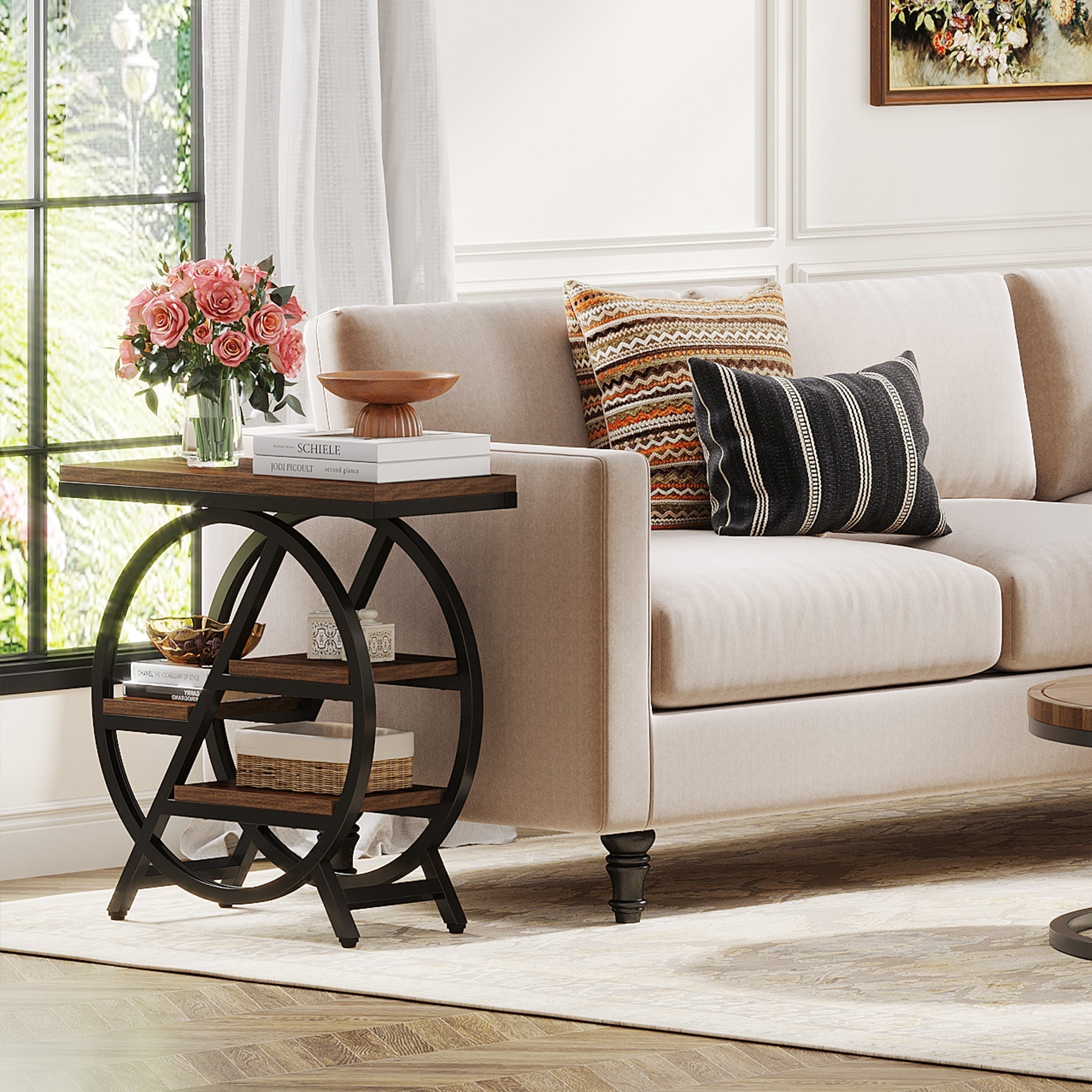 65 cm Drieplanken Bijzettafel, Industriële Houten Tafel met Geometrisch Frame voor Woonkamer