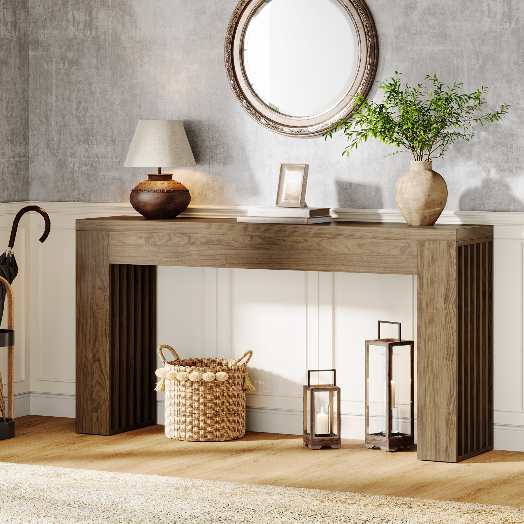 150 cm Lange Houten Salontafel achter de Bank, Consoletafel met Verticale Lattenpoten
