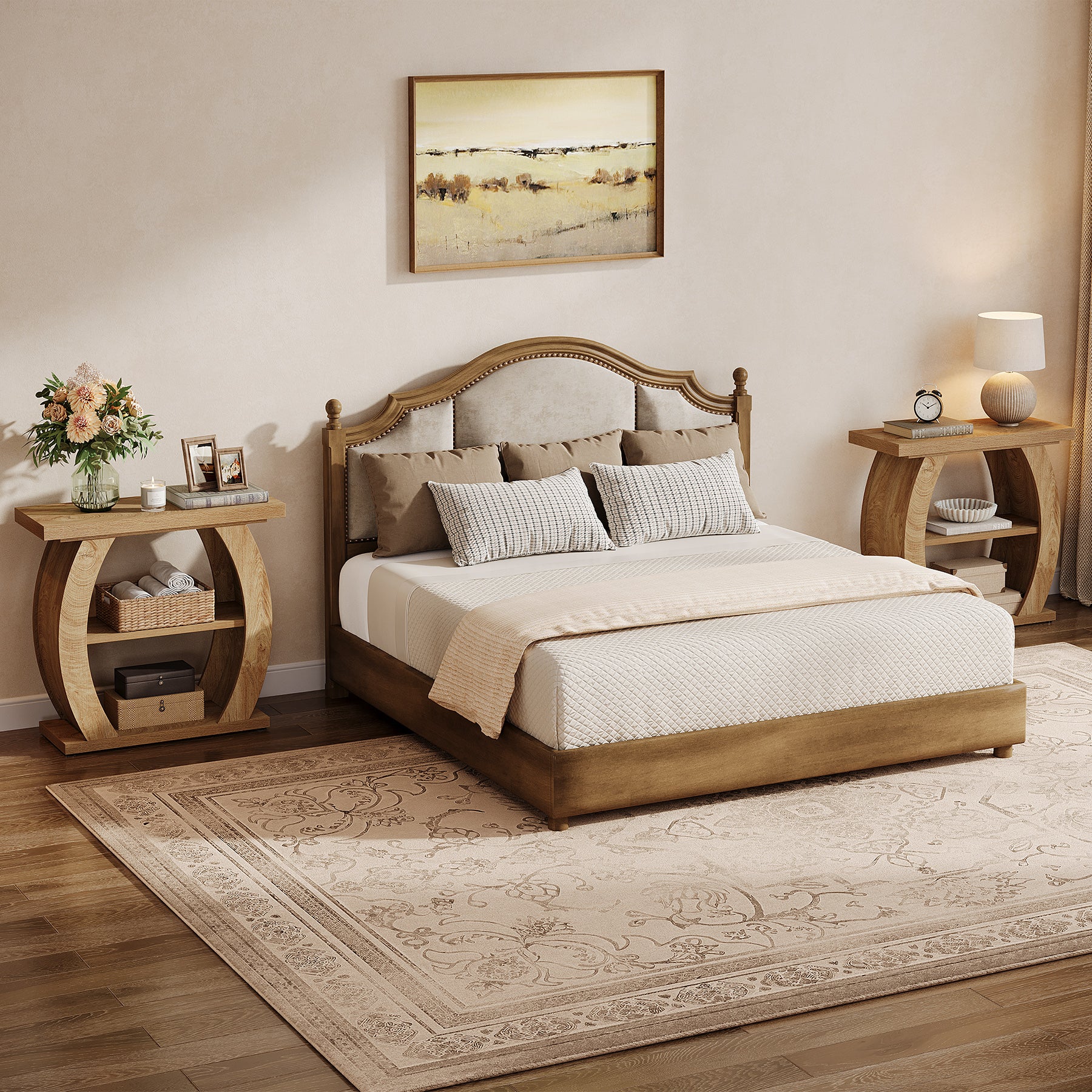 65 cm Smalle Bijzettafel met 3 Lagen Opslag, Landelijke Nachtkast met Gebogen Frame voor Woonkamer Slaapkamer