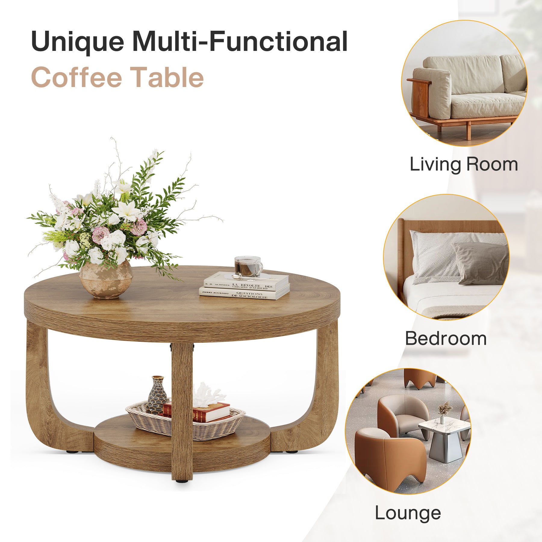 Ronde Salontafel van 80 cm met 2 Lagen en Opbergruimte, Moderne Houten Accenttafel in Rustiek Bruin voor Woonkamer