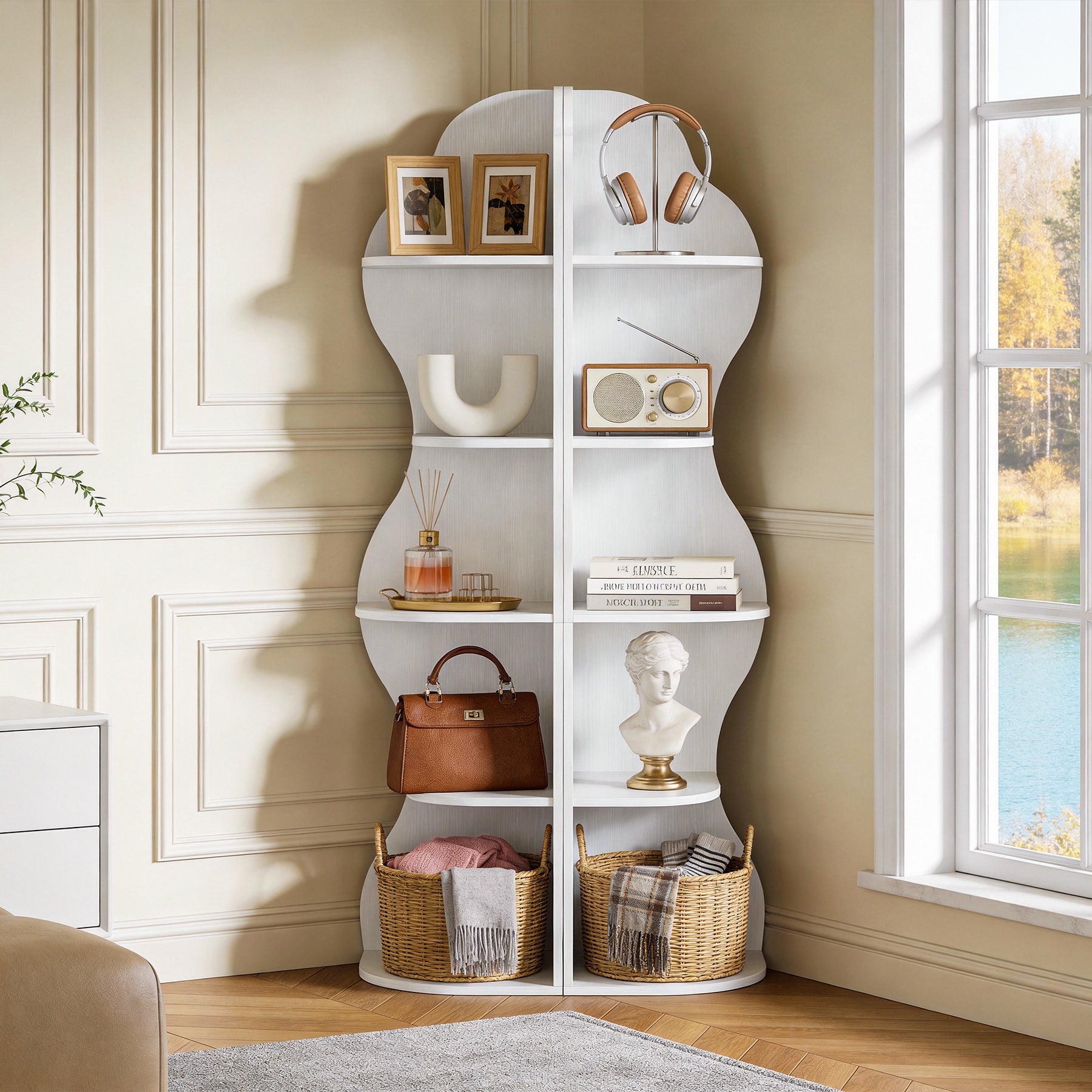 174 cm Hoekboekenkast met 5 Planken, Witte Hoekkast voor Woonkamer