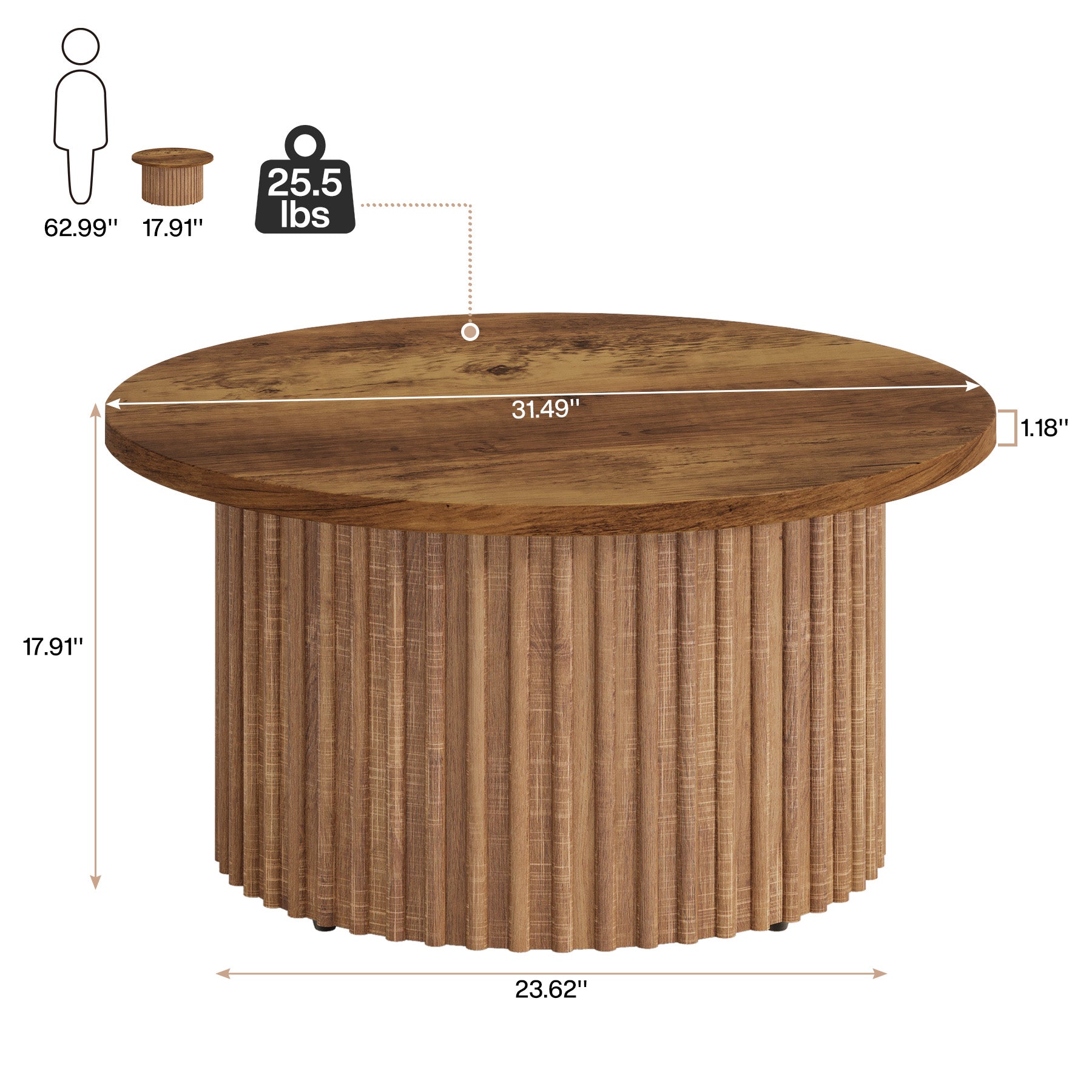 Ronde Salontafel 80 cm, Landelijke Cirkelvormige Tafel met Metalen Basis