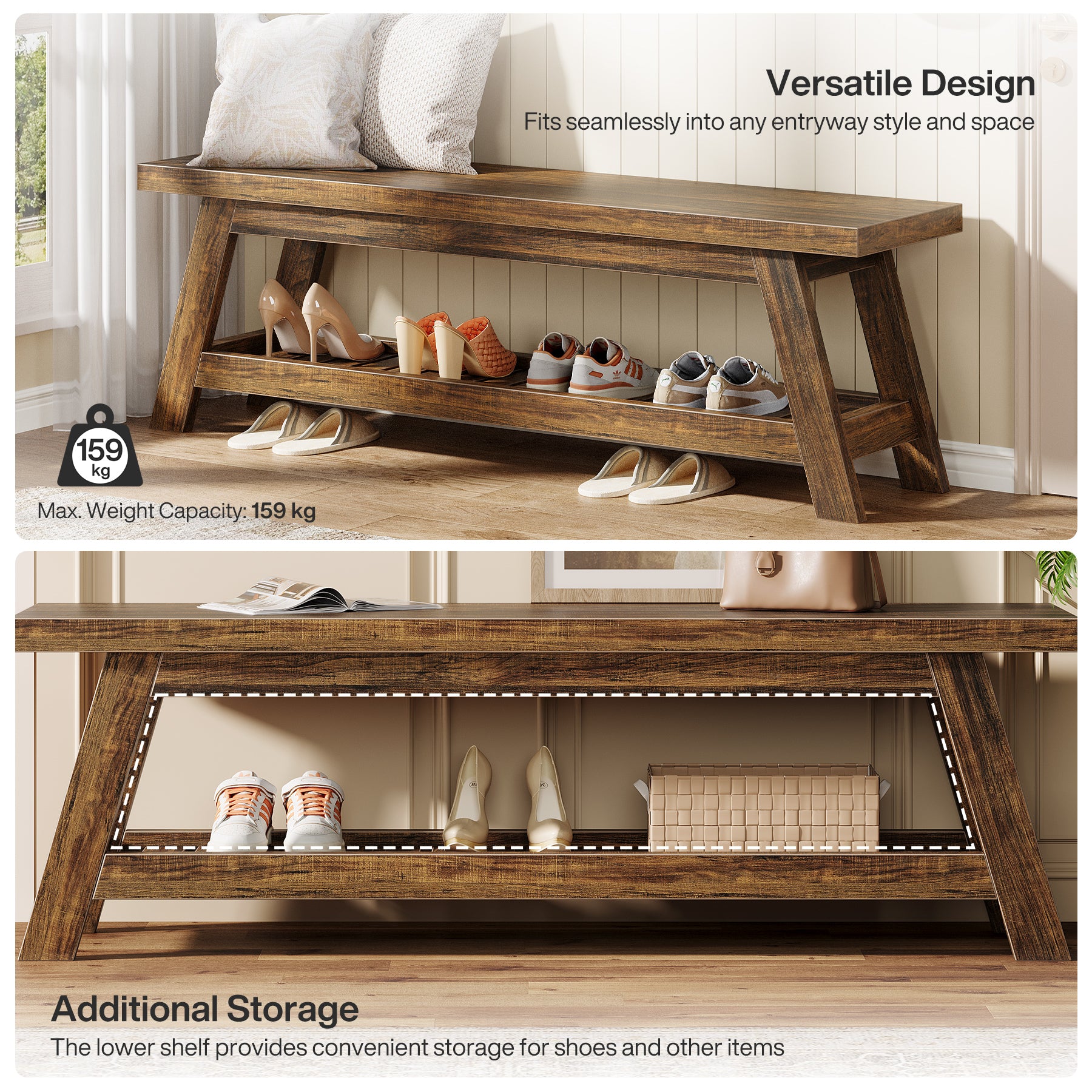 140 cm Houten Halbank met Opbergruimte, Smalle Schoenenbank met 2 Planken