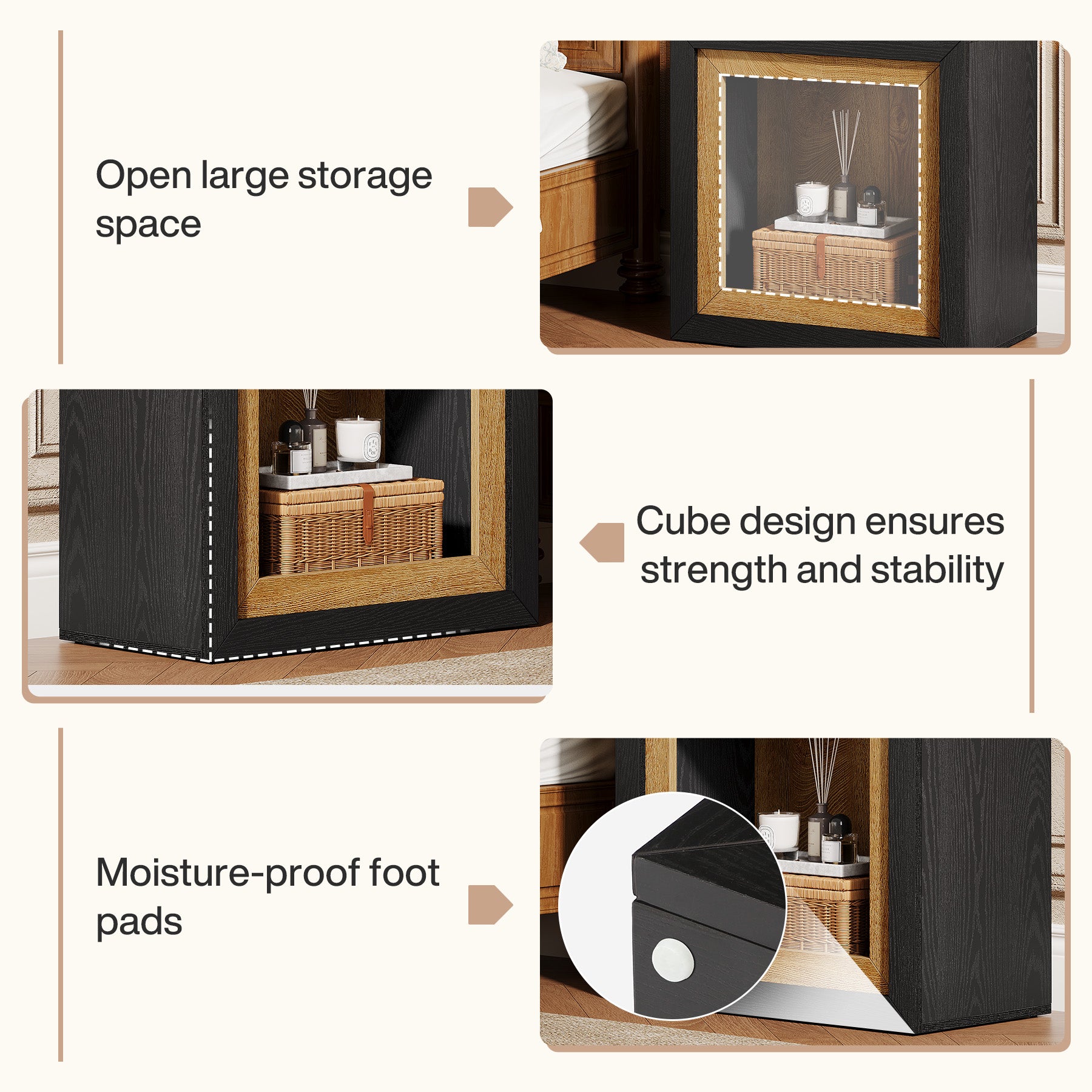60 cm Nachtkastje, Houten Kubus Bedside Tafel met Frame-Geïnspireerd Ontwerp