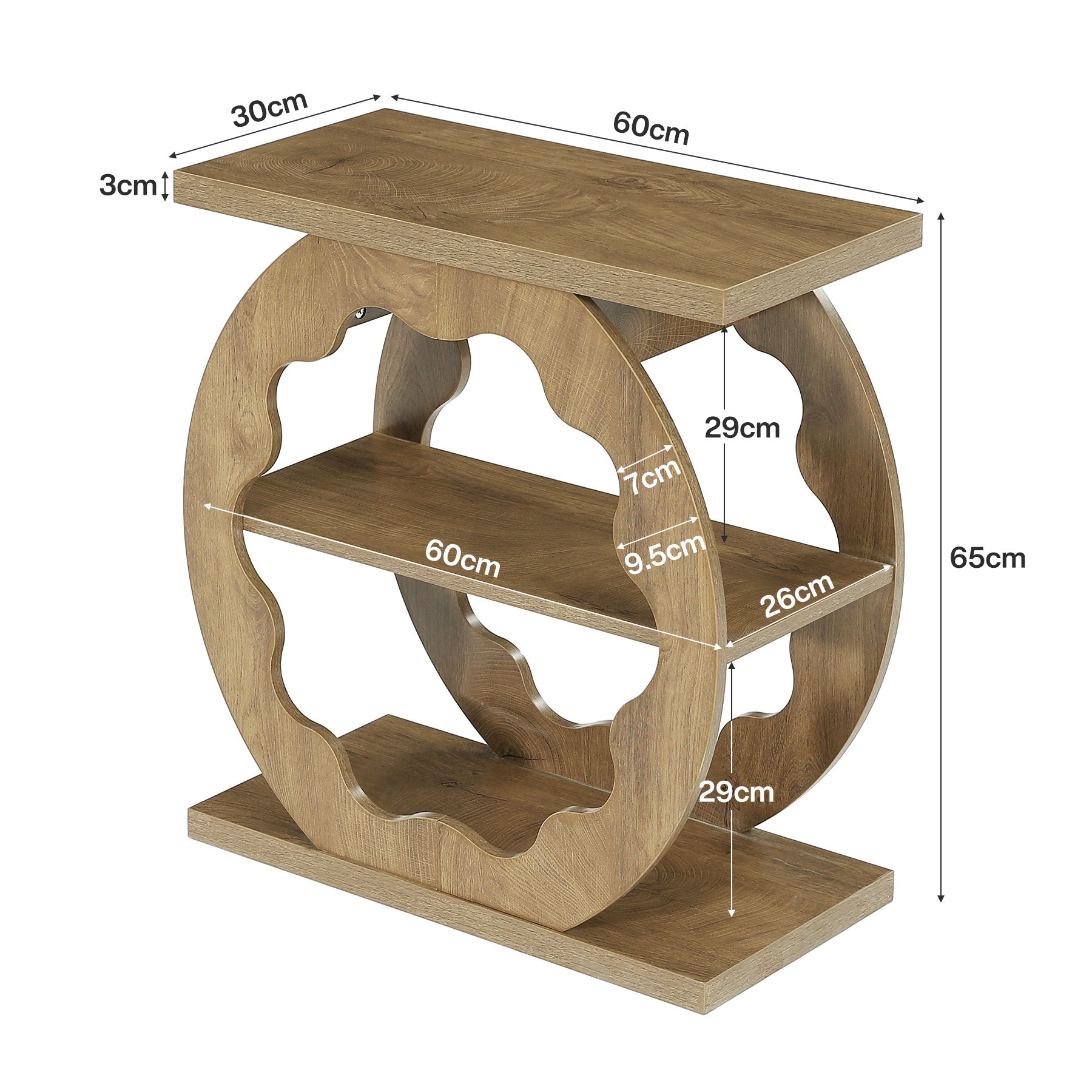 60 cm Smalle Bijzettafel met 3 Niveaus en Opbergrek, Houten Tafel voor Slaapkamer en Kleine Ruimtes