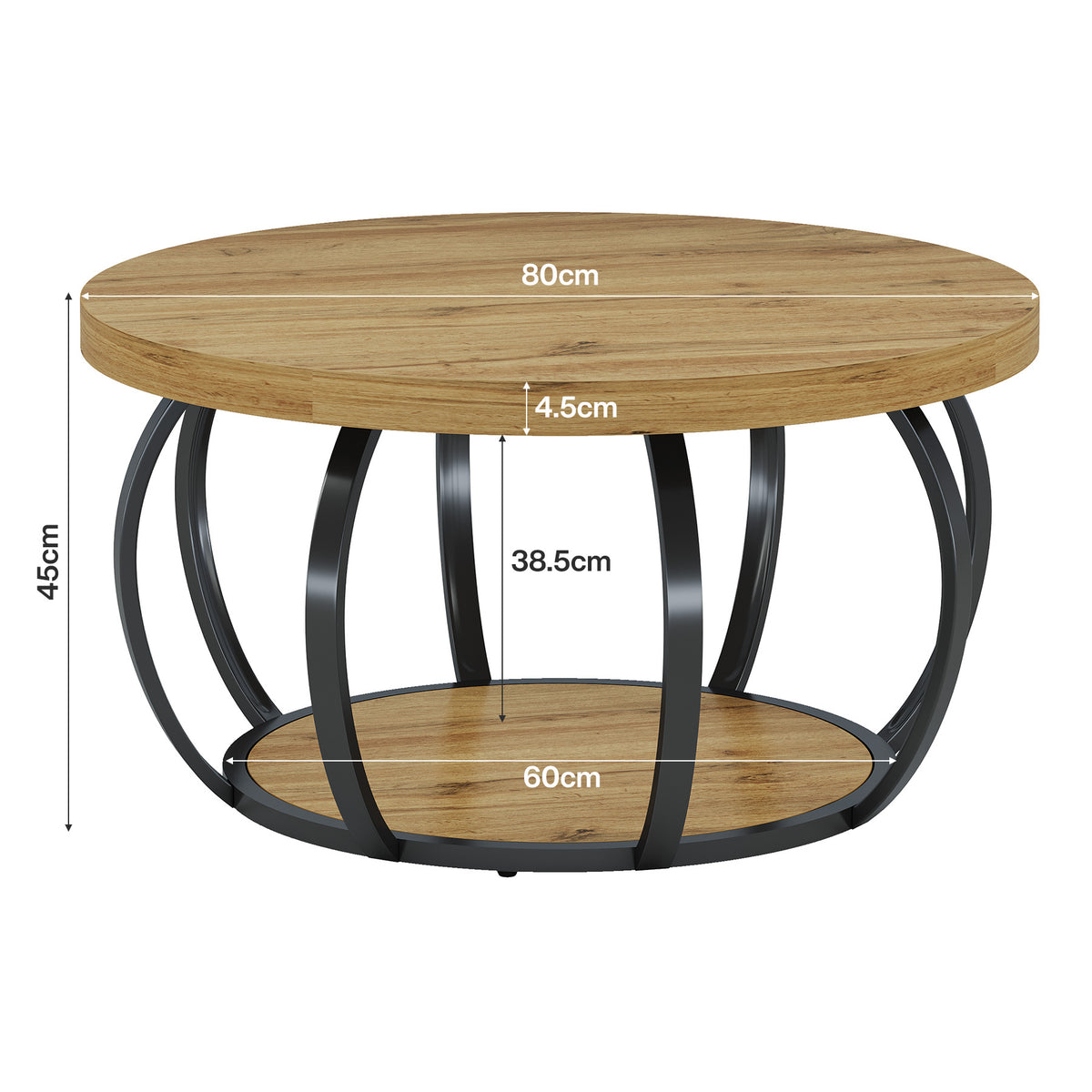 80 cm Ronde Salontafel, 2-Laags Landelijke Center Tafel met Hout en Zwart Metaal