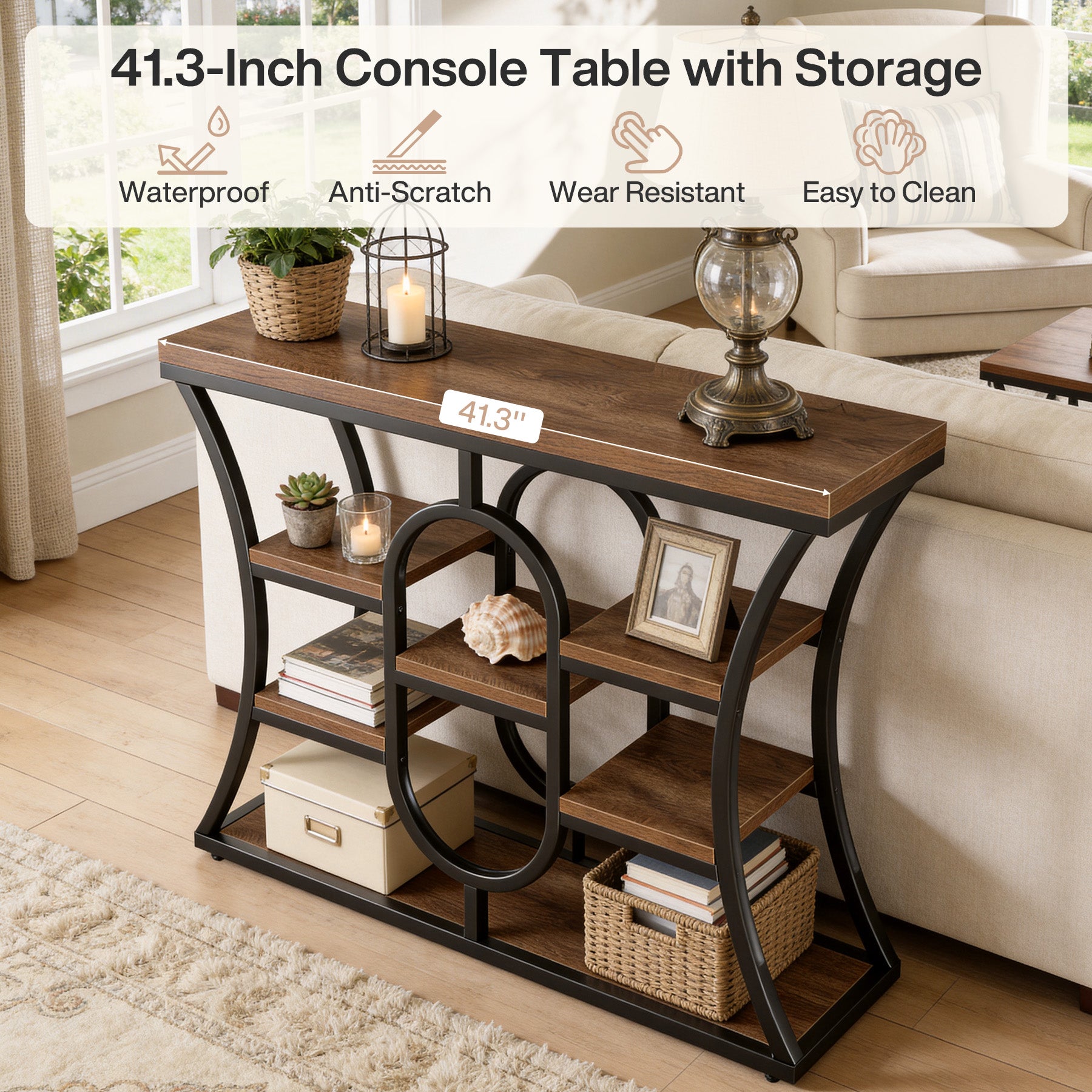 105 cm Smalle Consoletafel met Opbergrekken, Industriële Entreetafel voor Hal Woonkamer Achter Bank