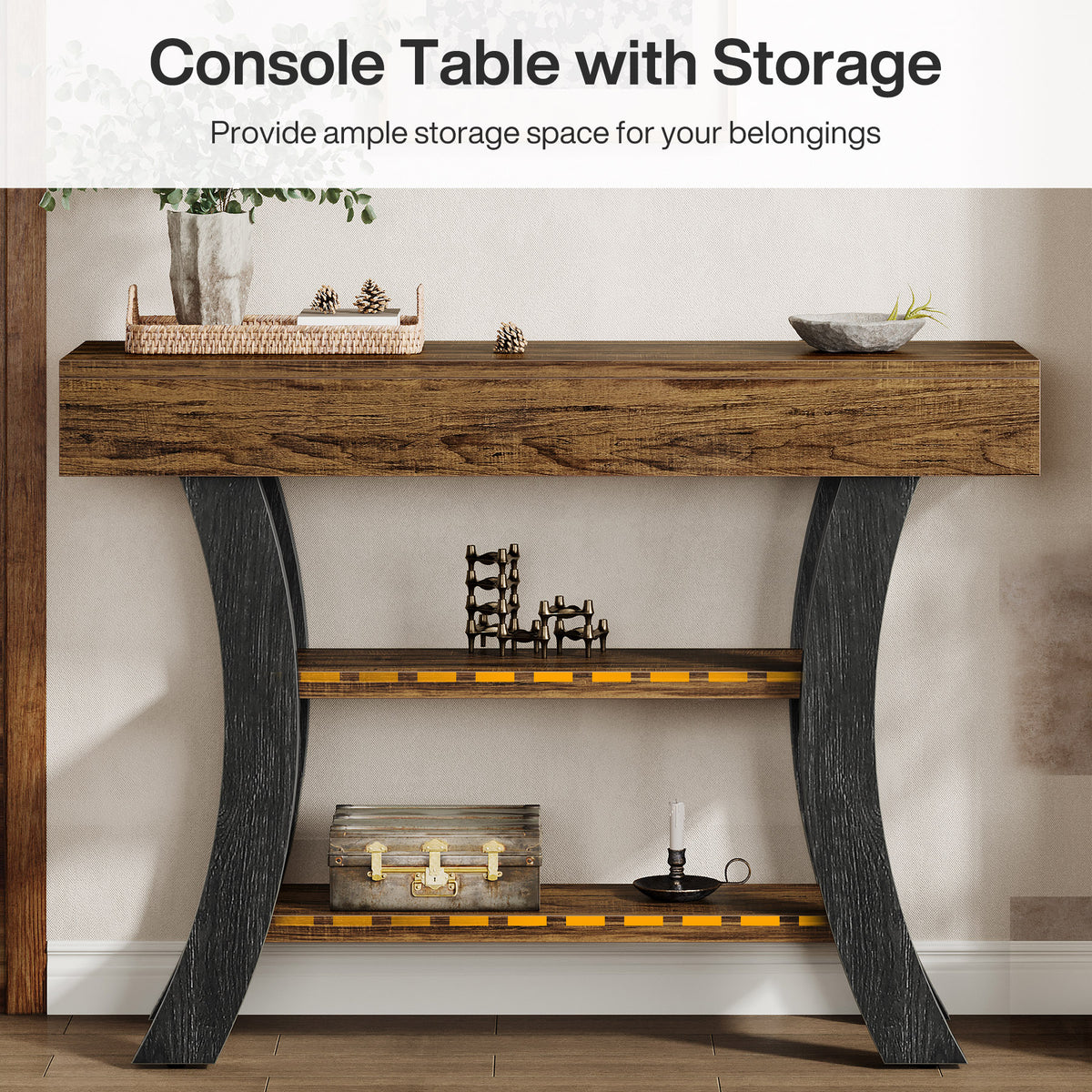 105 cm Tribesigns smalle consoletafel met 3 niveaus, gebogen haltafel met opbergruimte voor entree