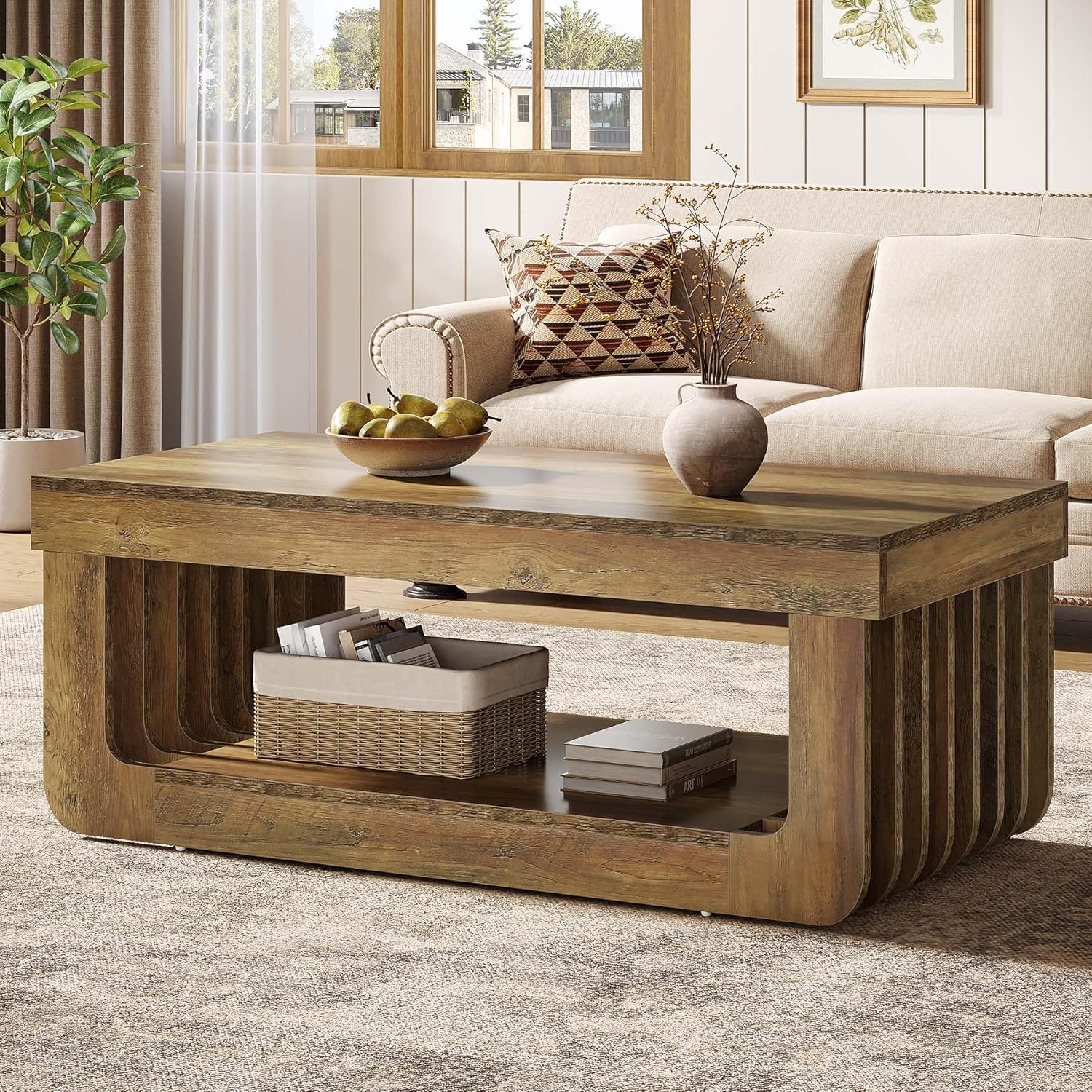 120 cm Salontafel met Opbergplank, Landelijk Bruin Woonkamermeubilair voor Huis en Kantoor