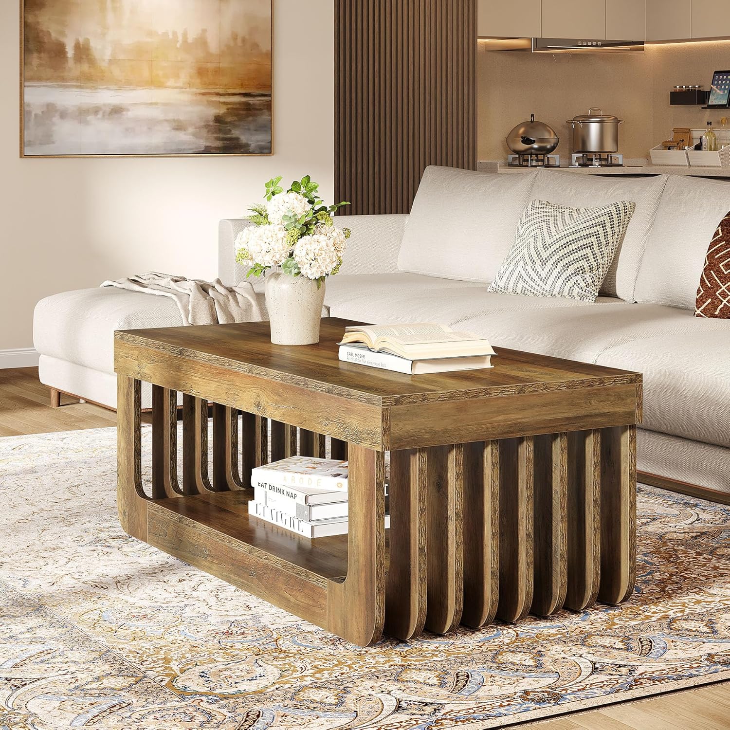 120 cm Salontafel met Opbergplank, Landelijk Bruin Woonkamermeubilair voor Huis en Kantoor