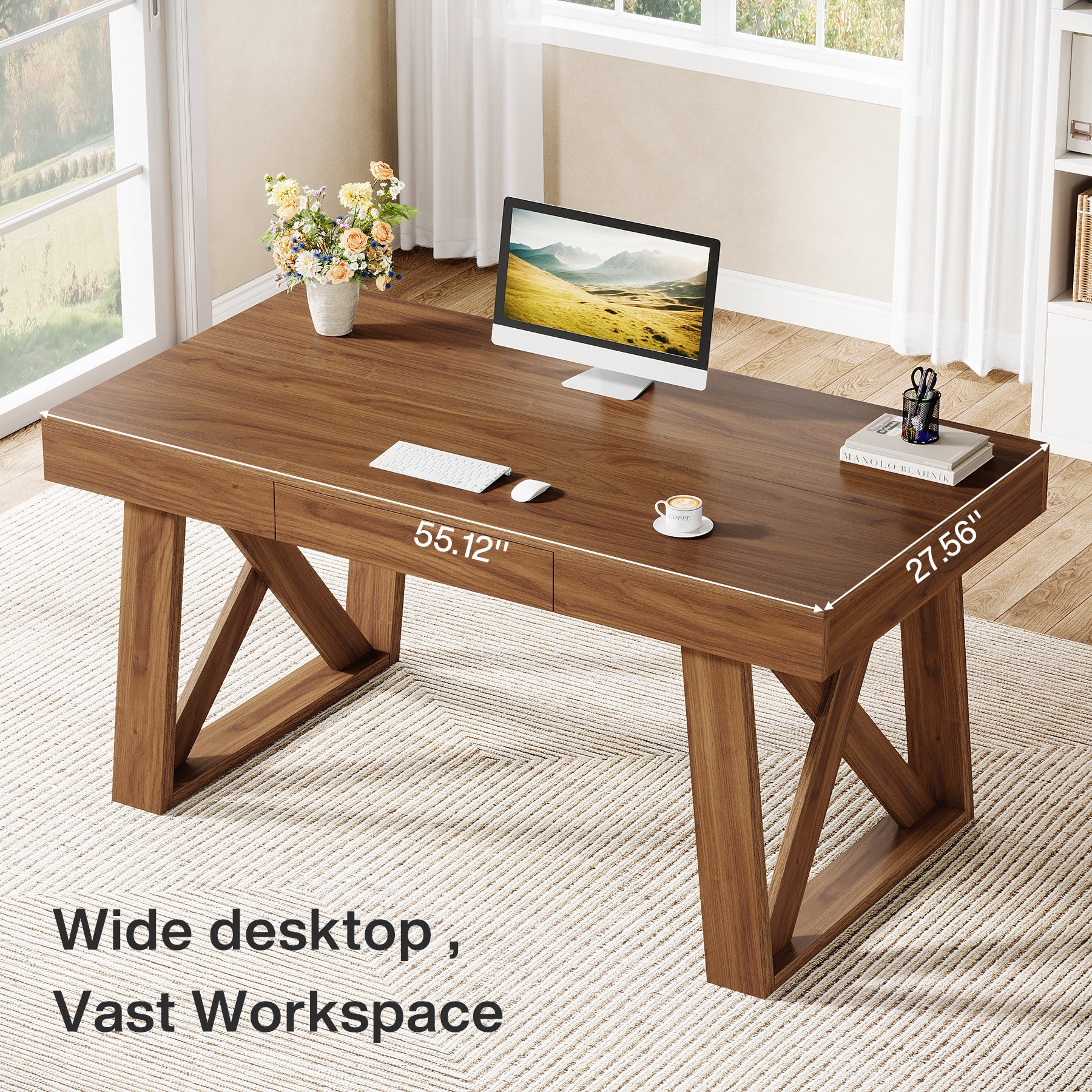 140 cm Bredere Bureau, Retro Houten Bureau met Laden voor Thuiswerk en Kantoor