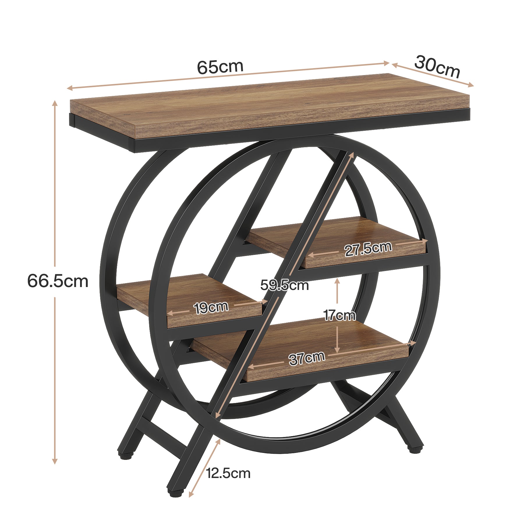65 cm Drieplanken Bijzettafel, Industriële Houten Tafel met Geometrisch Frame voor Woonkamer