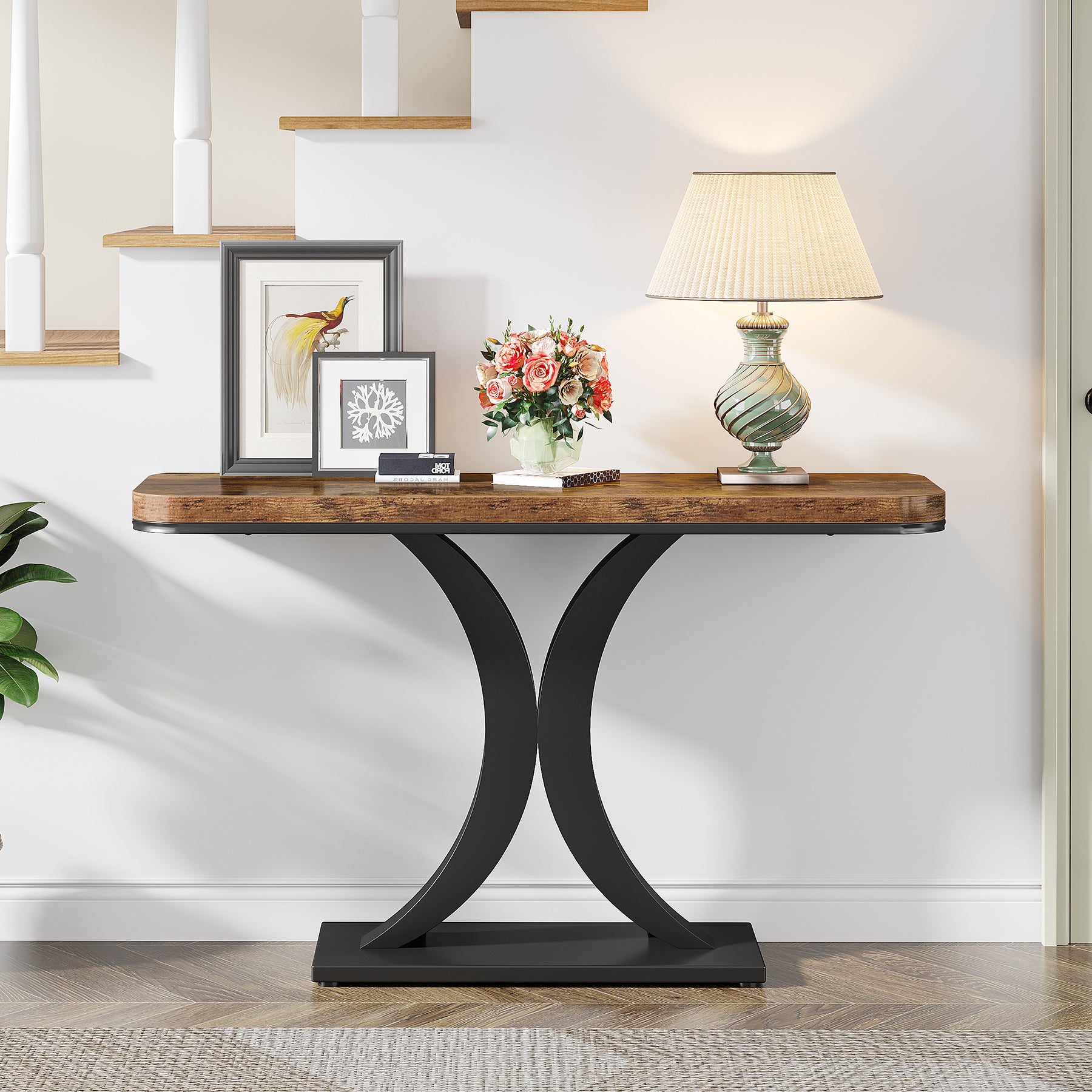 100 cm Industriële Consoletafel, Smalle Haltafel met Geometrische Basis voor Entree