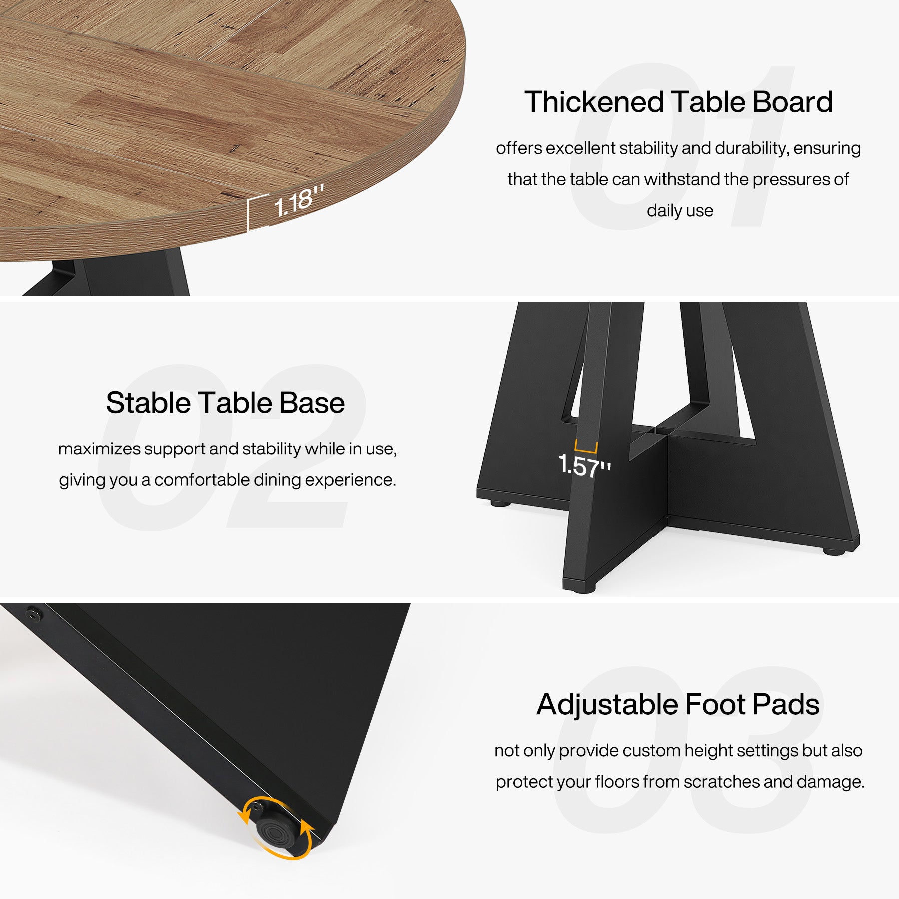 120 cm Ronde Boeren Eettafel, Bruin Houten Tafelblad voor 4 Personen in Keuken of Woonkamer