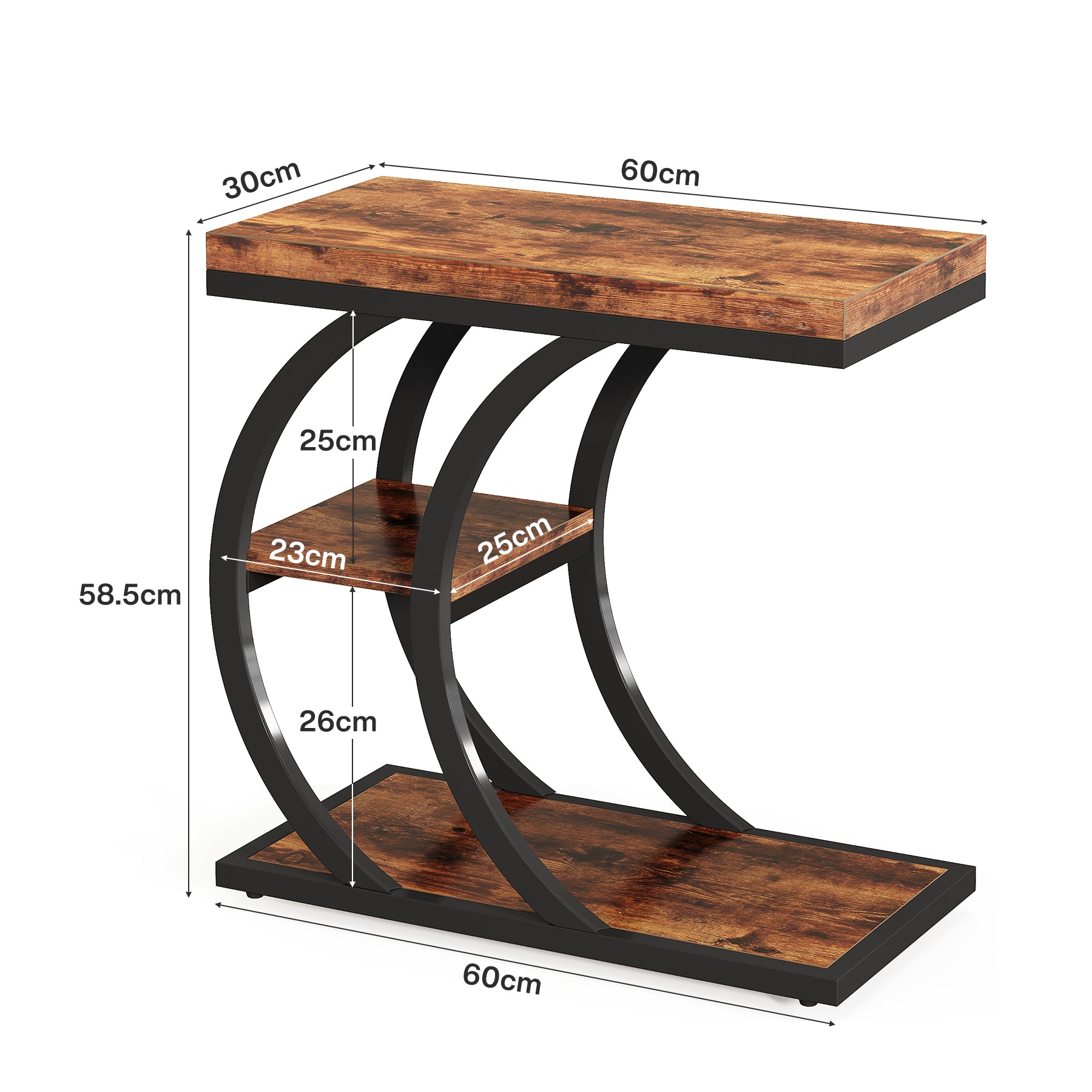 60 cm Bijzettafel, 3-Laags C-Vormige Banktafel met Opbergruimte