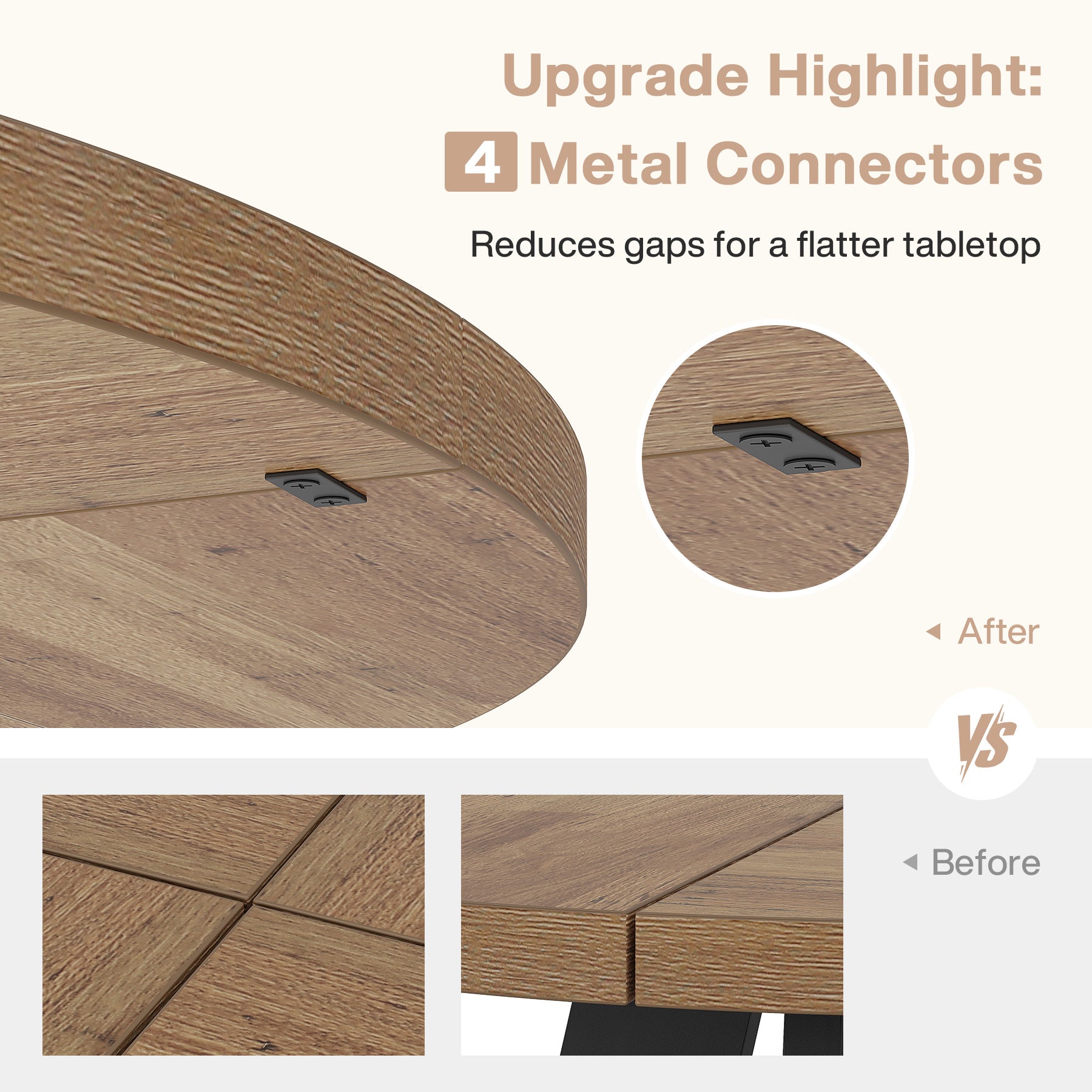 120 cm Ronde Boeren Eettafel, Bruin Houten Tafelblad voor 4 Personen in Keuken of Woonkamer