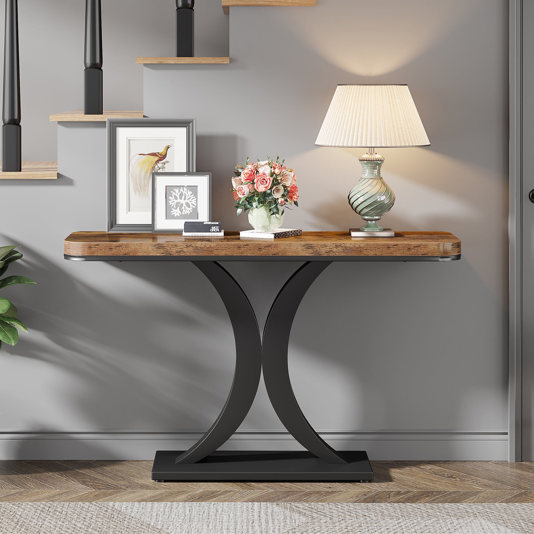 100 cm Industriële Consoletafel, Smalle Haltafel met Geometrische Basis voor Entree