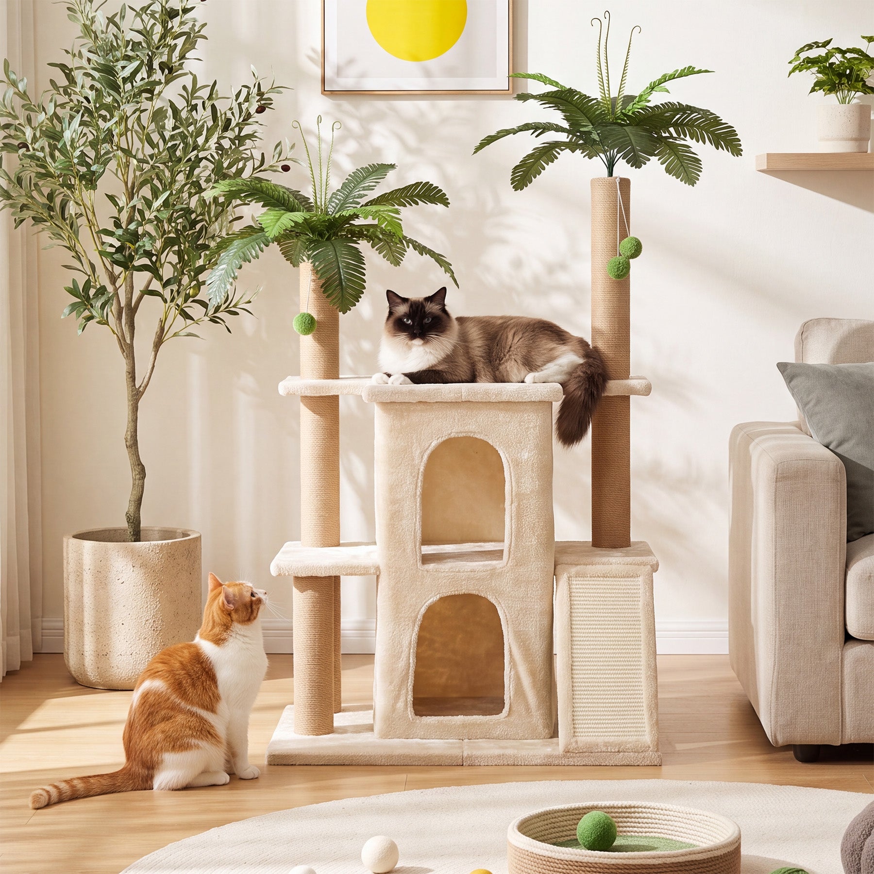 Tribesigns krabpaal met 2 pluche kattenhuisjes en sisalpalen, hoge kattenboom voor meerdere Binnenkatten