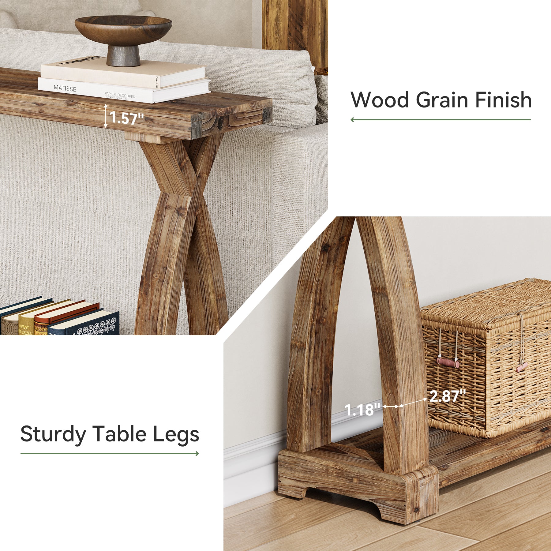 160 cm Massief Houten Consoletafel met 2 Niveaus, Smalle Haltafel Landelijke Stijl