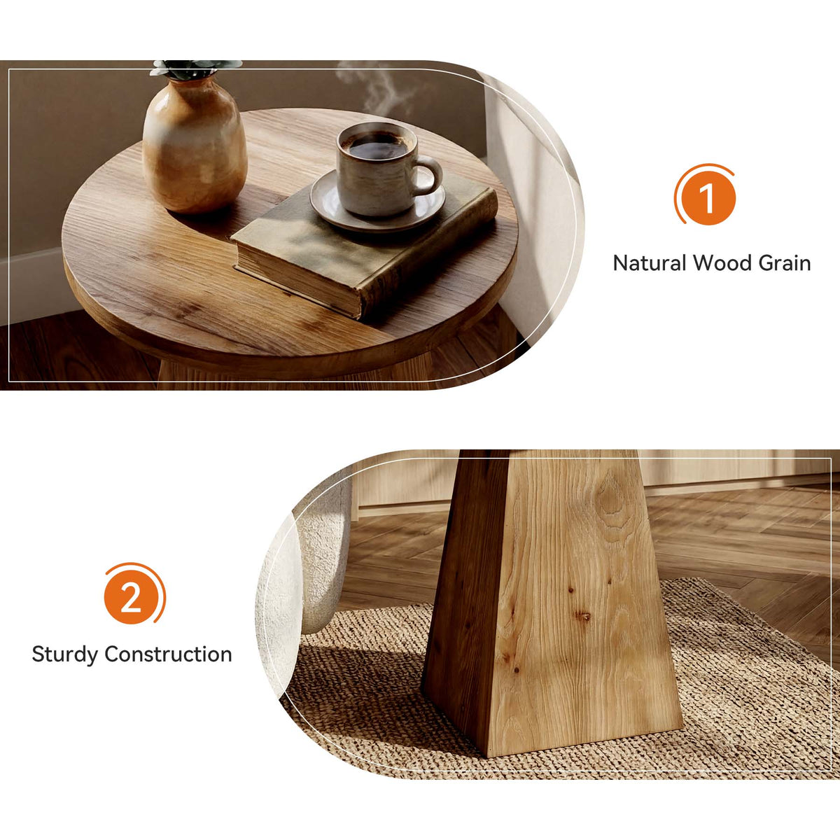 48 x 60 cm ronde bijzettafel van massief hout met geometrische trapeziumbasis, vintage houten sidetable