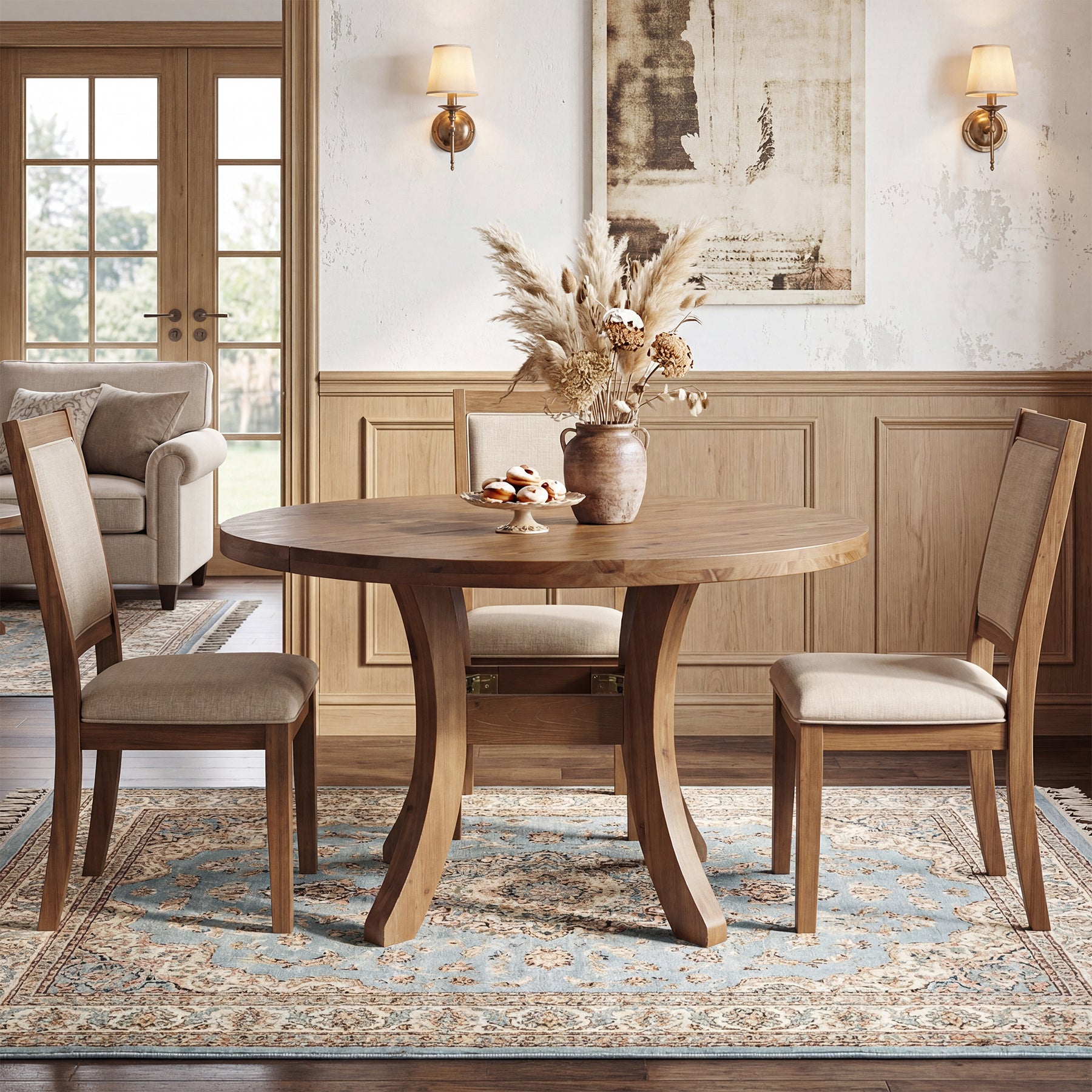 120 cm Massief Houten Ronde Eettafel, Farmhouse Tafel met Gebogen Poten
