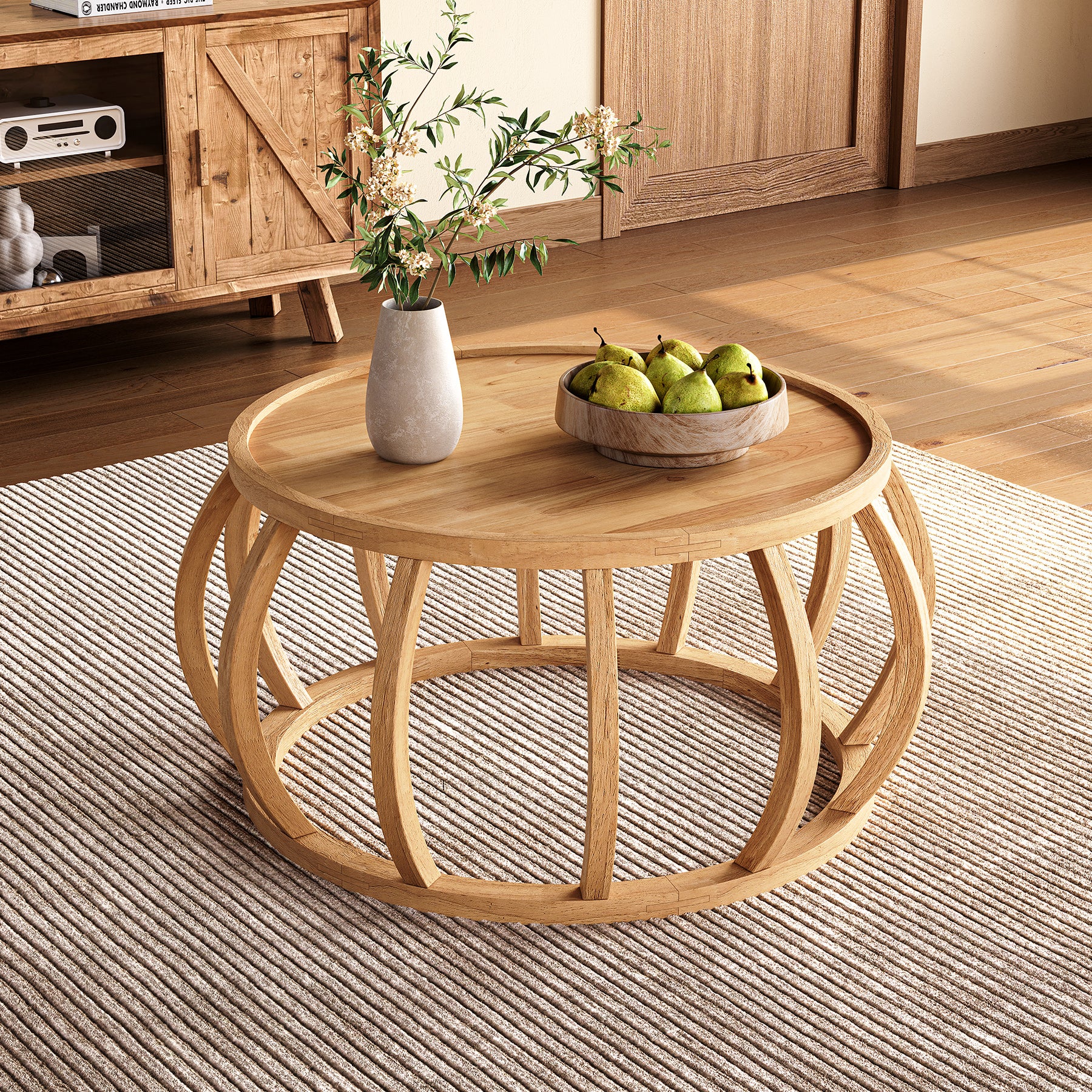 Ronde Massief Houten Salontafel, Industrieel Design met Gebogen Frame voor Elke Ruimte