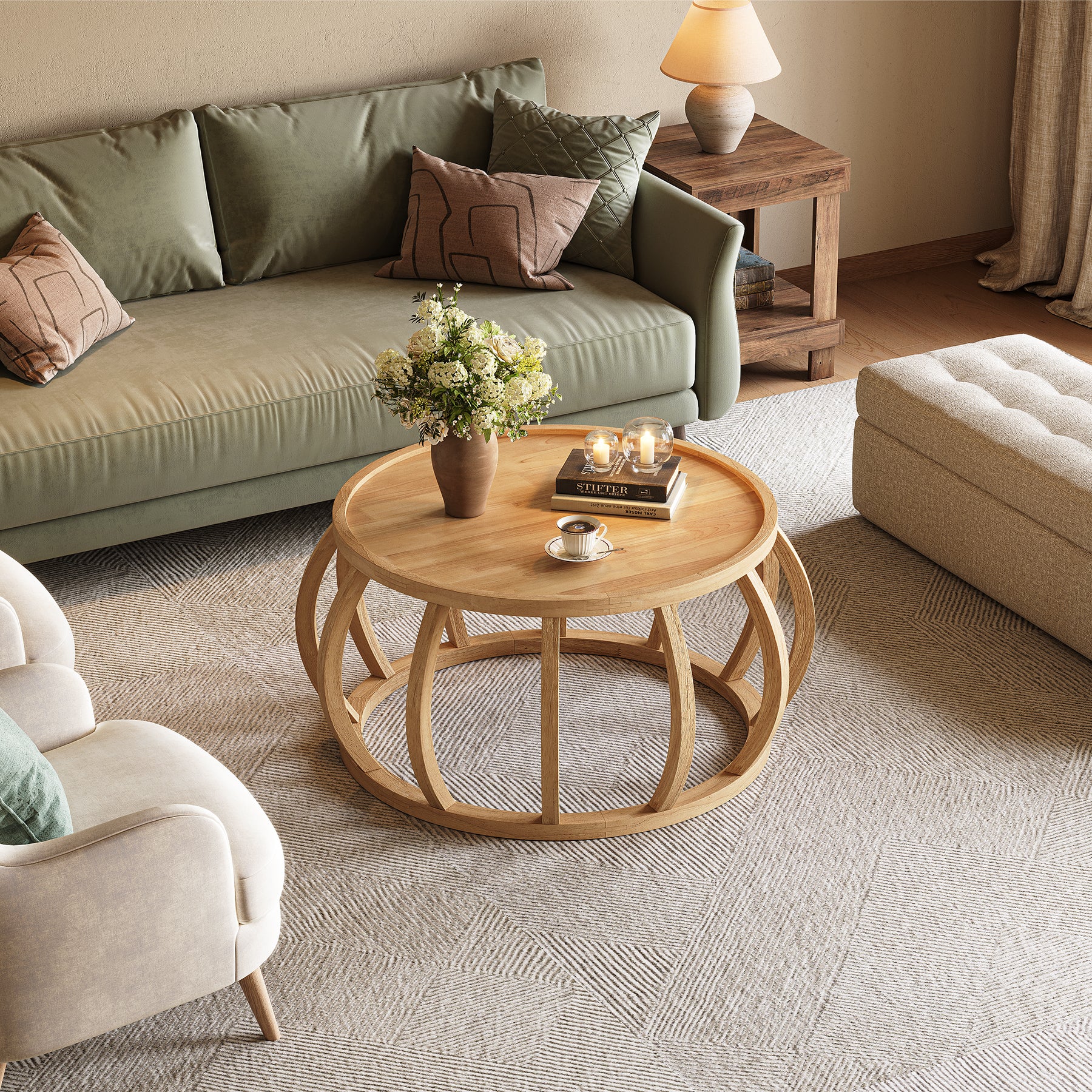 Ronde Massief Houten Salontafel, Industrieel Design met Gebogen Frame voor Elke Ruimte