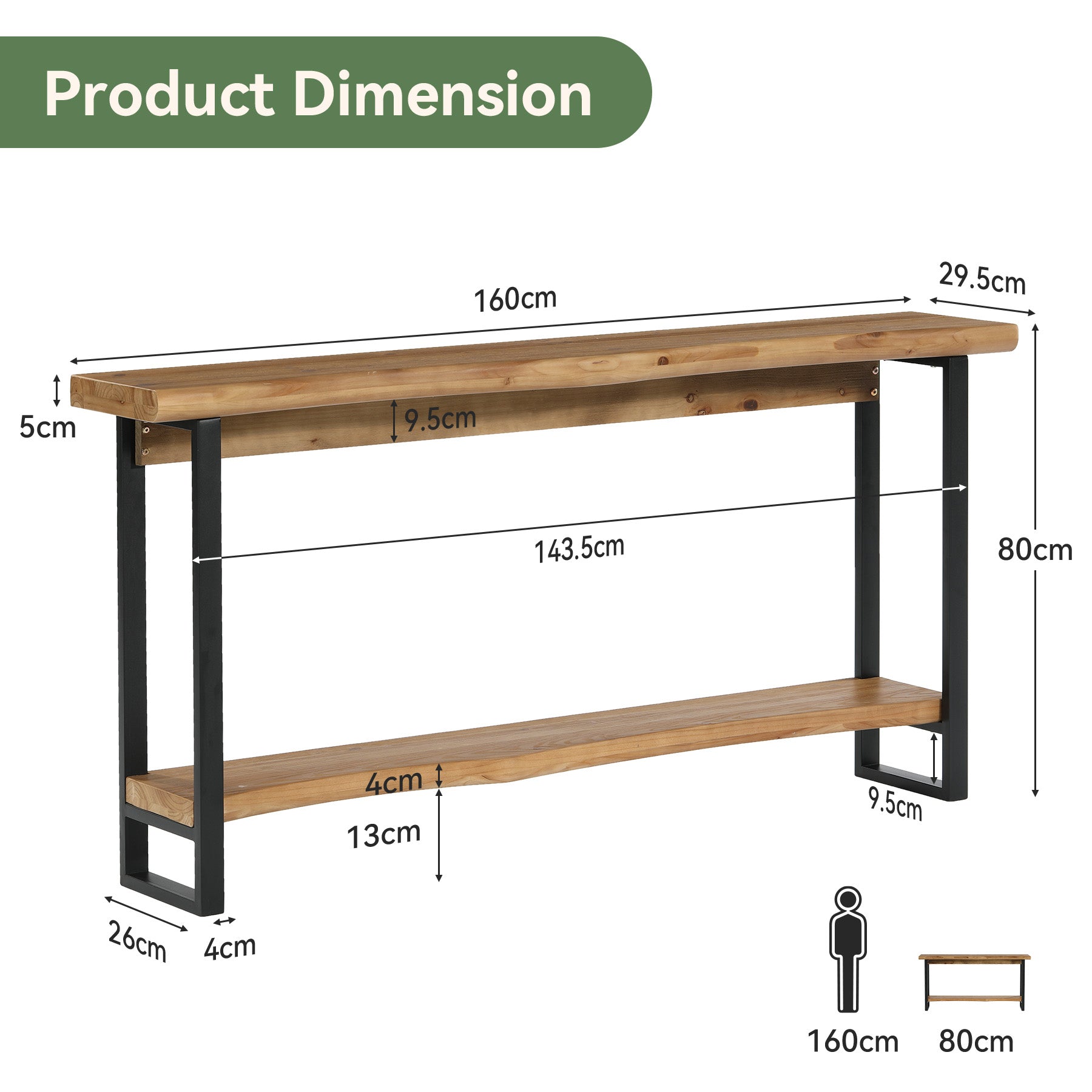 160 cm Massief Houten Live-Edge Consoletafel met Metalen Poten
