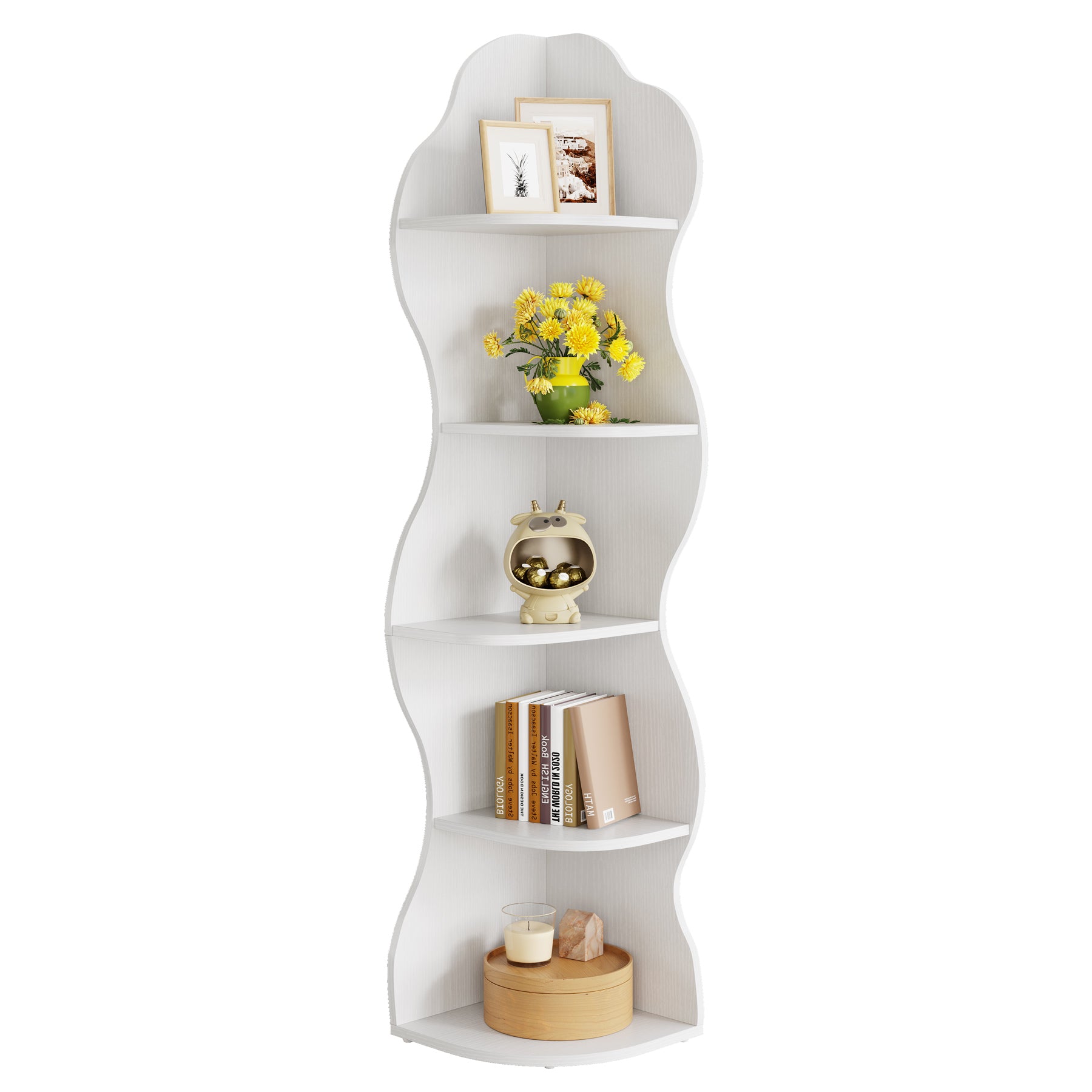 174 cm Hoekboekenkast met 5 Planken, Witte Hoekkast voor Woonkamer