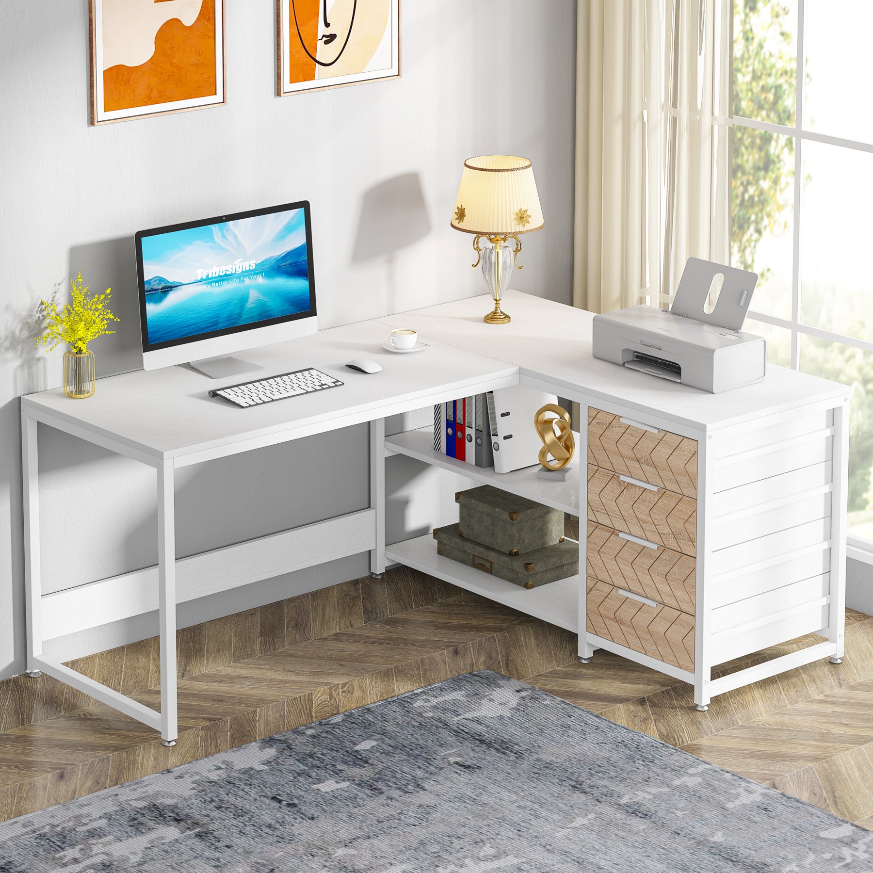 150 cm L-vormig Bureau, Met 4 Laden en 2 Planken voor Kantoor en Werkkamer