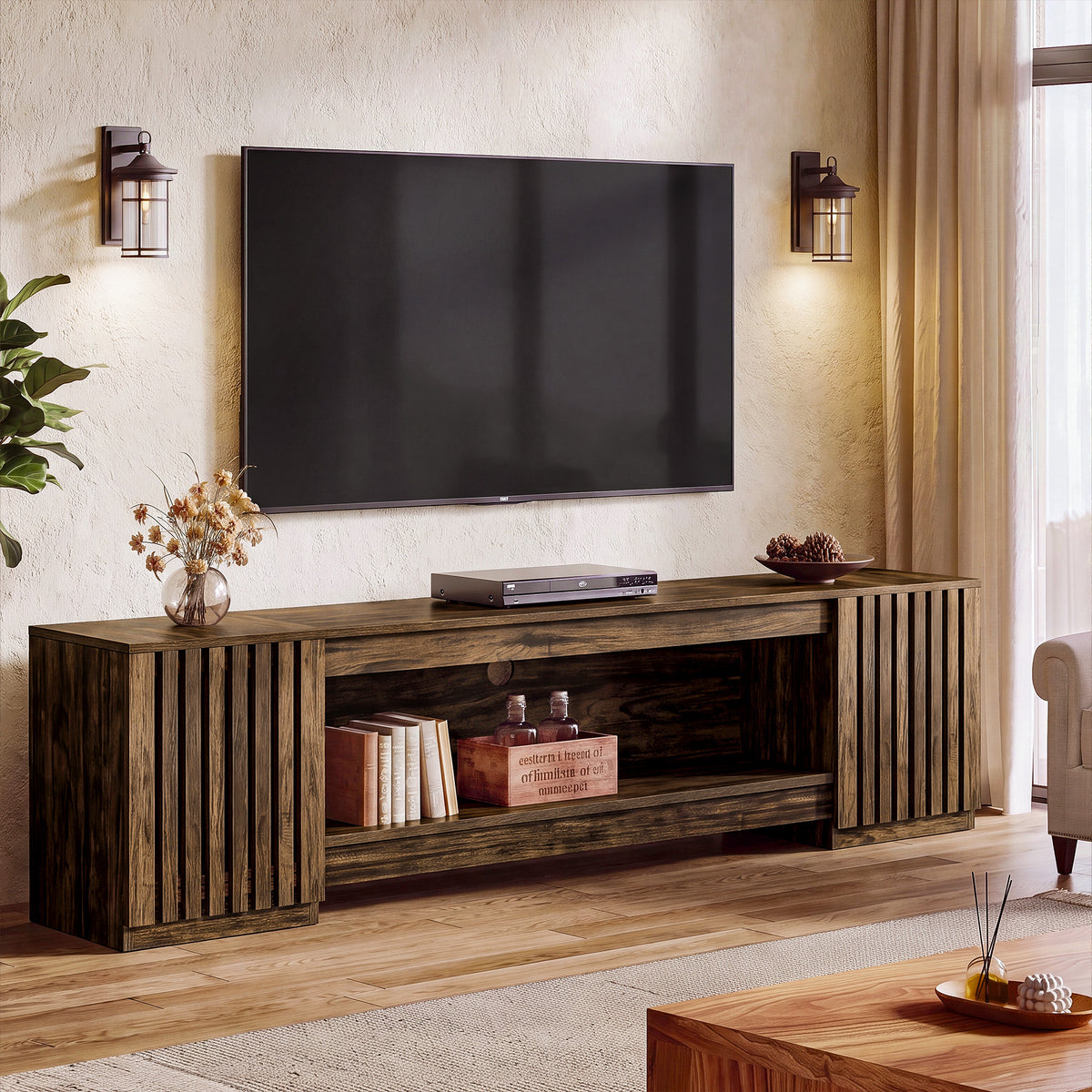 Tribesigns 199 cm tv-meubel voor 85 inch tv met verborgen opbergruimte en open plank, landelijke tv-kast voor woonkamer