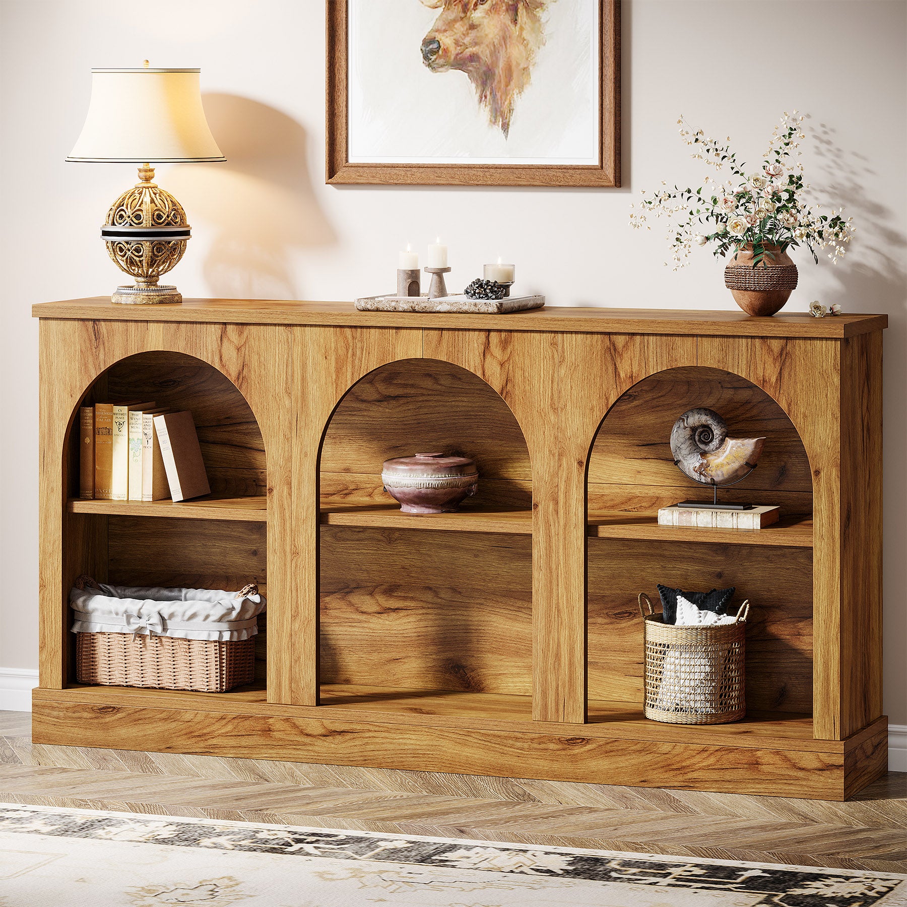 160 cm Boerderij Console, Lange Houten Tafel met Drie Planken voor Hal en Woonkamer