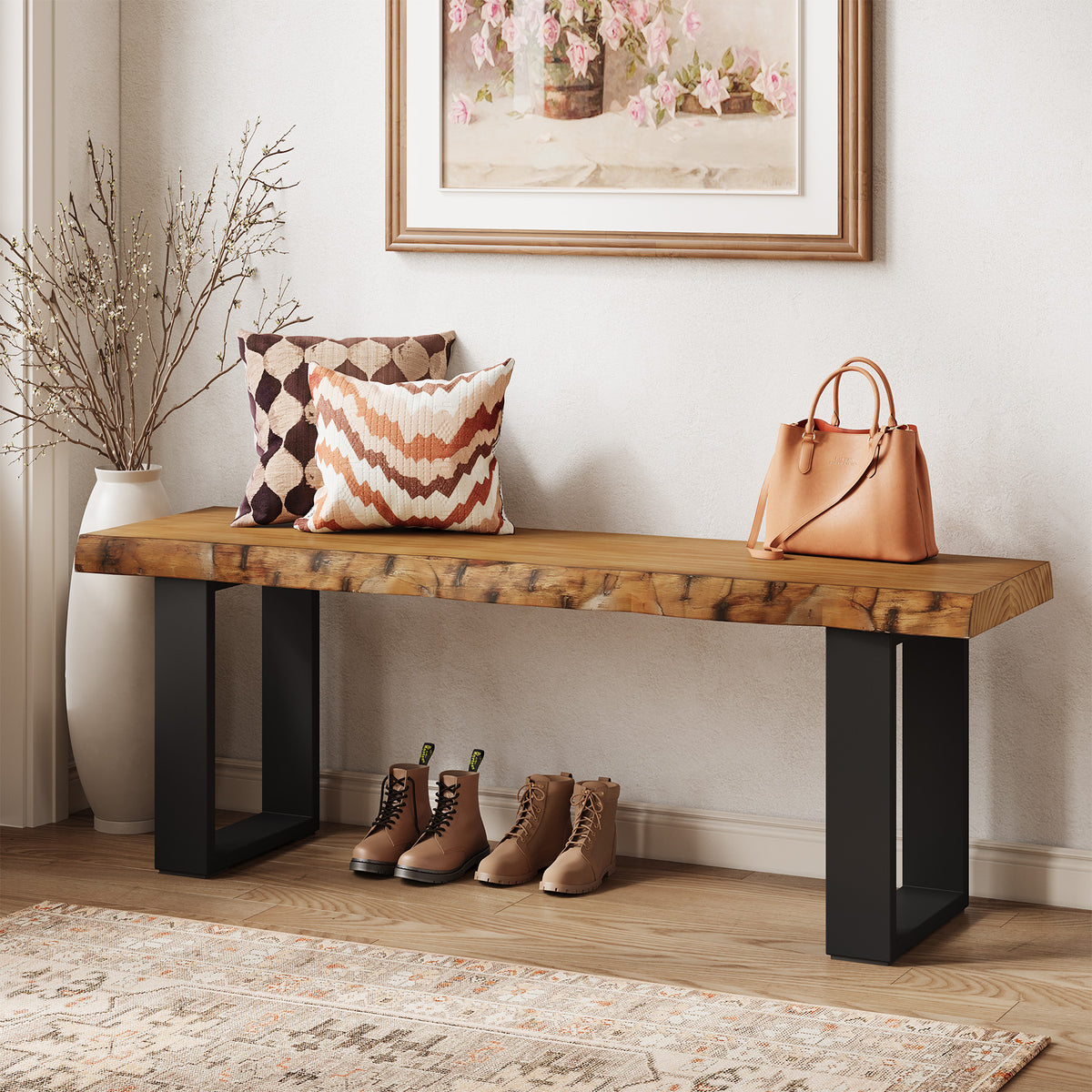 120 cm houten schoenenbank met metalen poten, industriële halbank voor hal en woonkamer