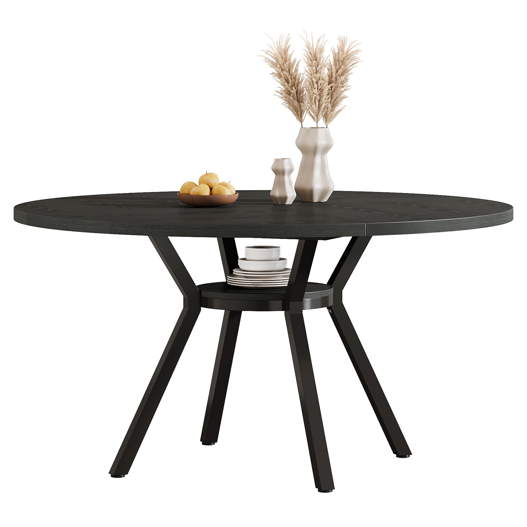 120 cm Eettafel voor 4-6 Personen, Ronde Tafel met Opbergruimte