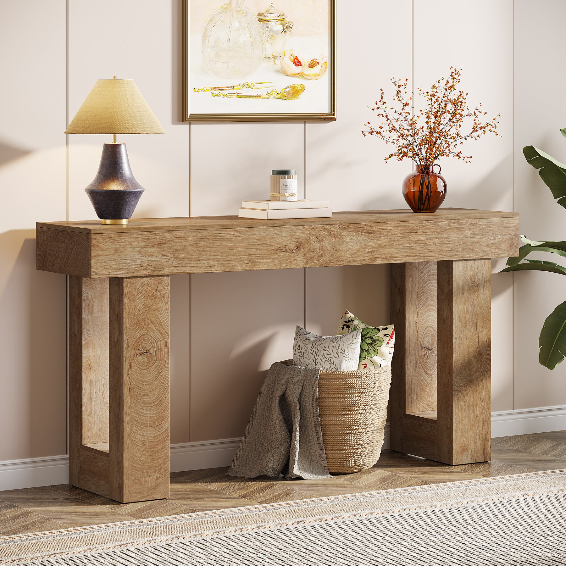 160 cm Landelijke Consoletafel, Natuurhouten Salontafel voor Hal en Woonkamer