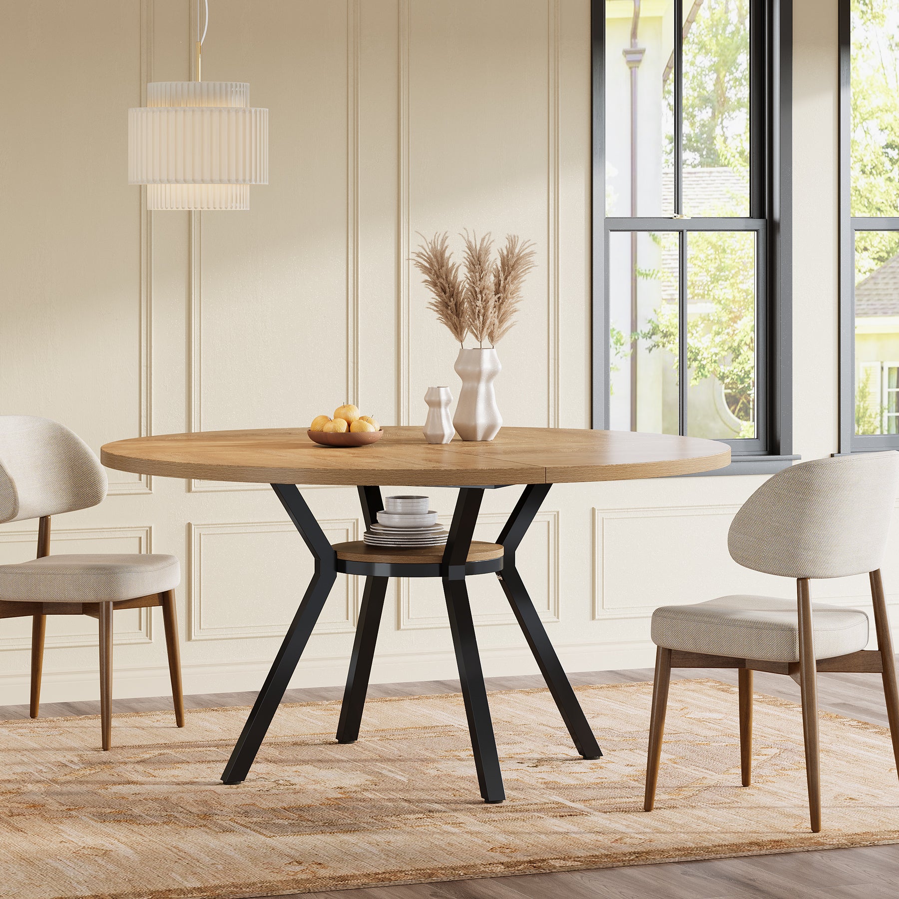 120 cm Eettafel voor 4-6 Personen, Ronde Tafel met Opbergruimte