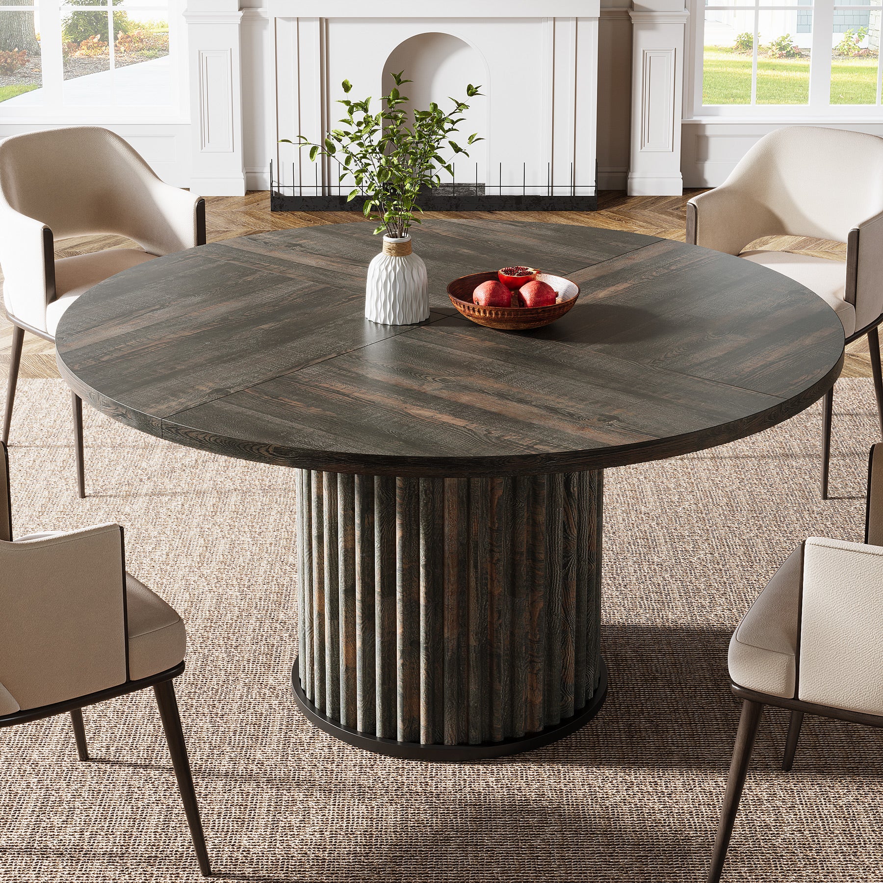 120 cm Zwarte Ronde Eettafel voor 4-6 Personen, Moderne Keukentafel met Metalen Basis