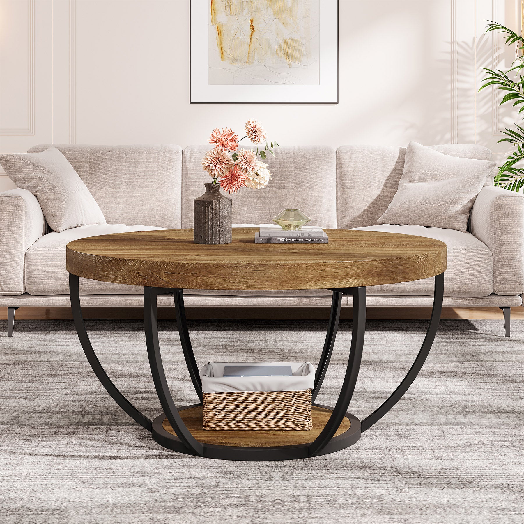 80,5 cm Ronde Industriële Salontafel, Tweelaags Middentafel in Rustiek Bruin en Zwart