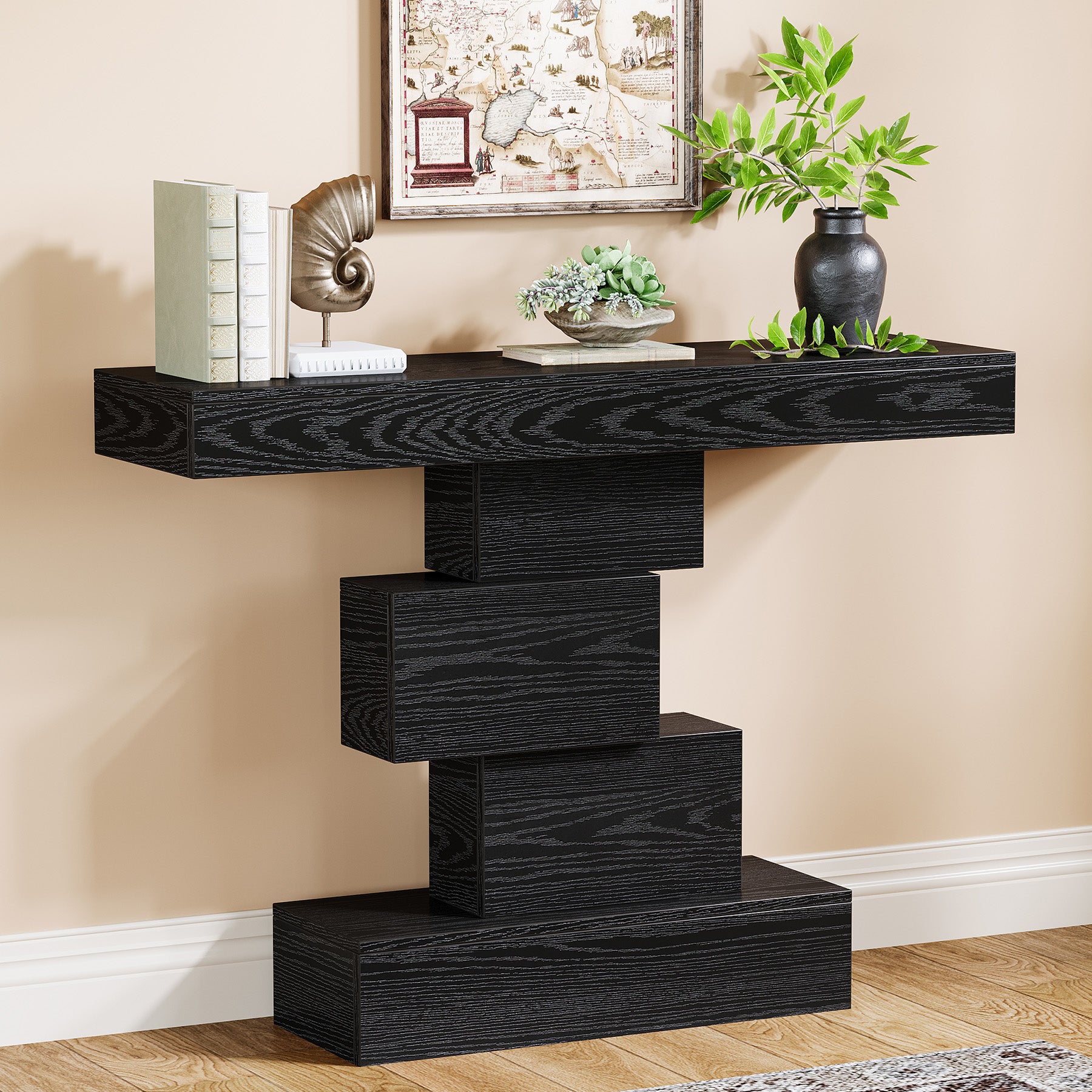 108 cm Landelijke Console, Industriële Bijzettafel met Geometrische Basis voor Hal en Woonkamer