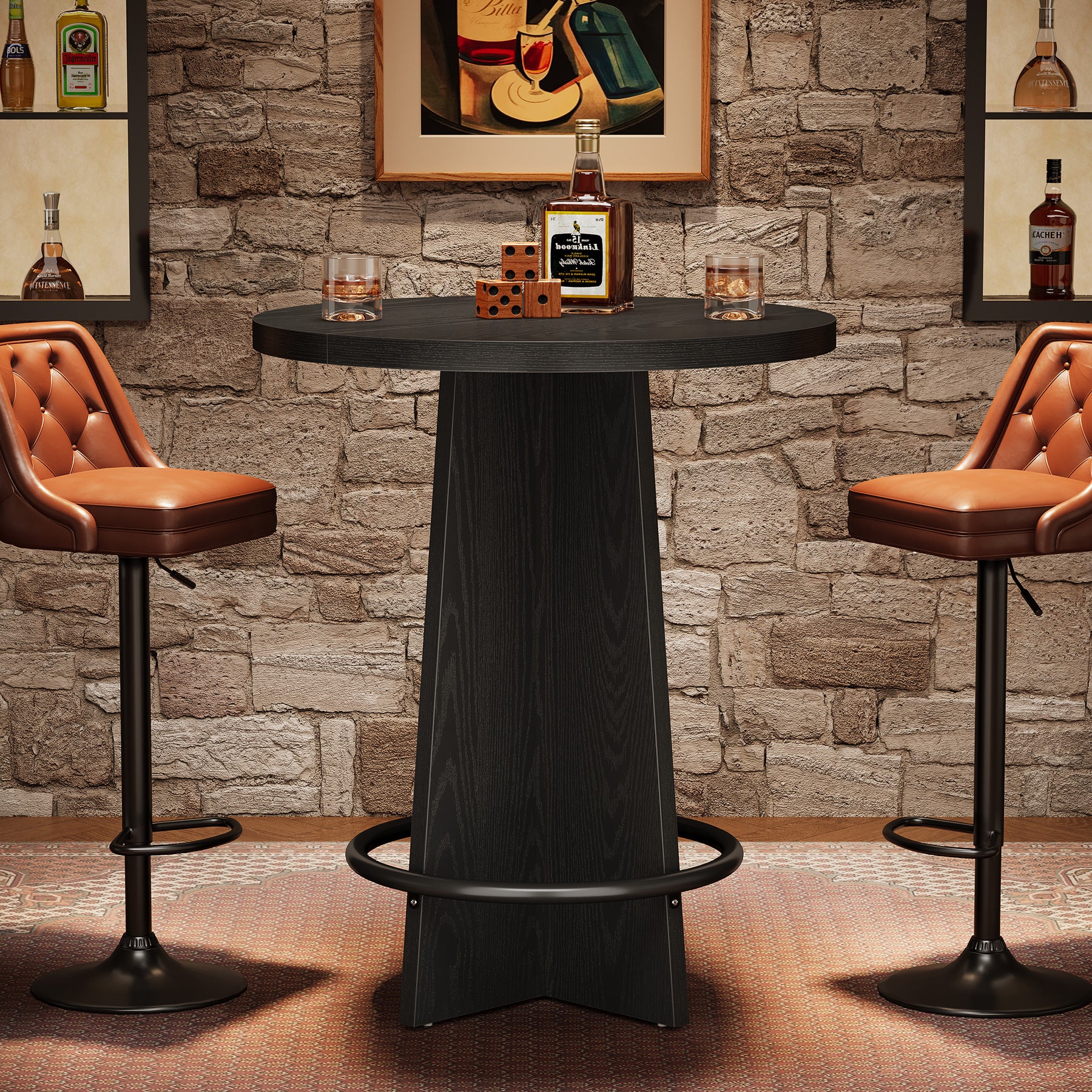 80 cm Bar Tafel, Houten Pub Tafel met Metalen Ringvoetsteun