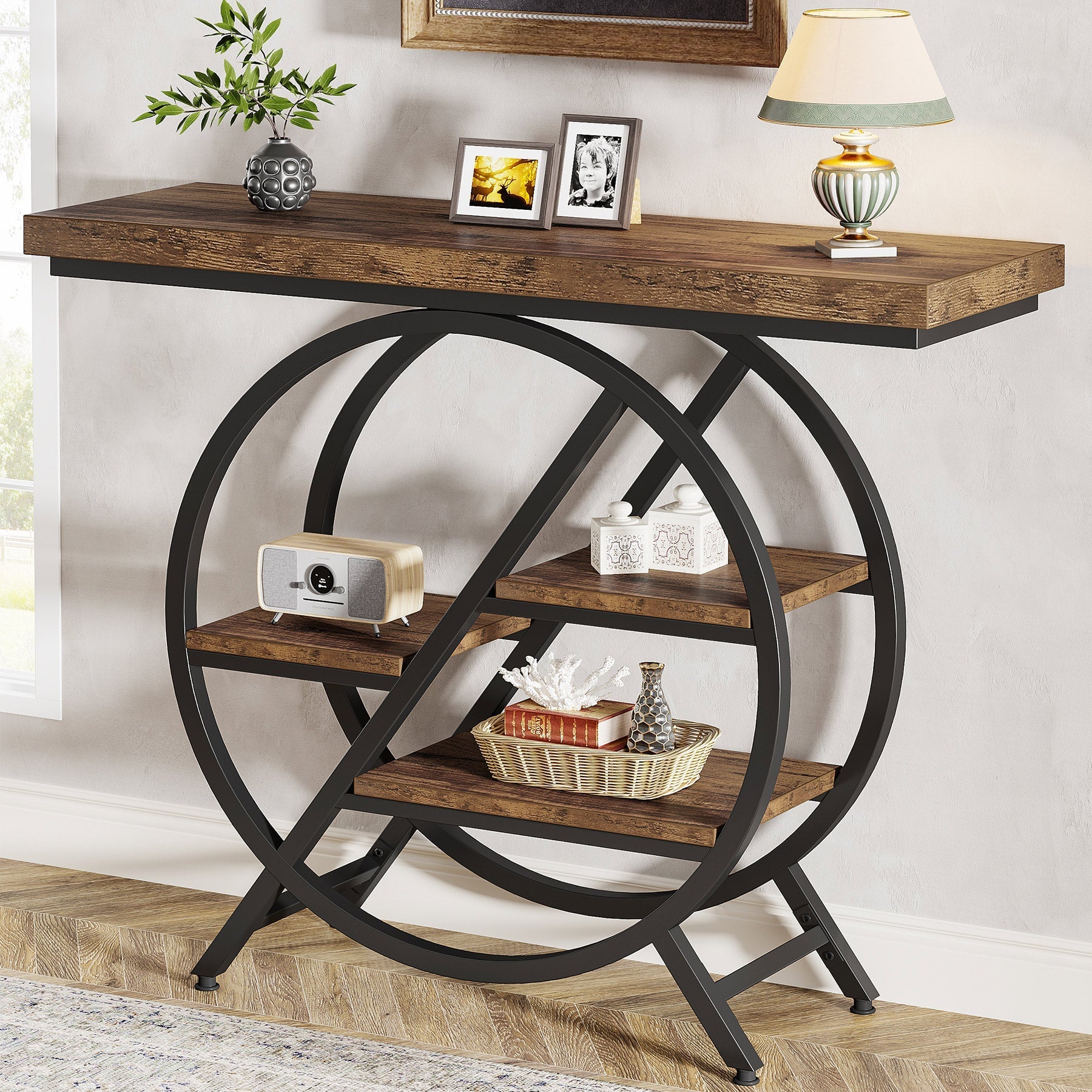 100 cm Industriële Consoletafel – Geometrisch Frame met Dik Blad voor Rustieke Uitstraling