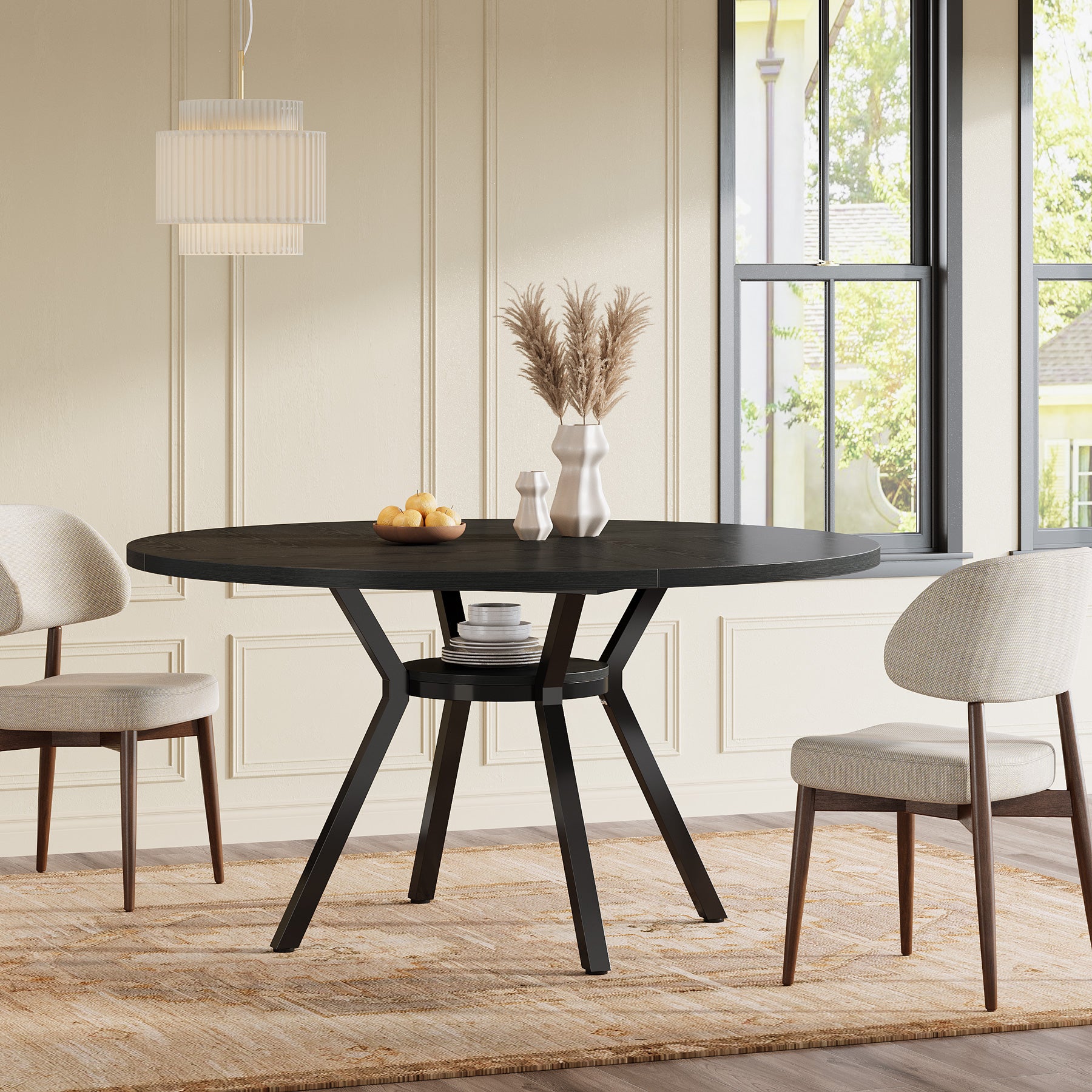 120 cm Eettafel voor 4-6 Personen, Ronde Tafel met Opbergruimte