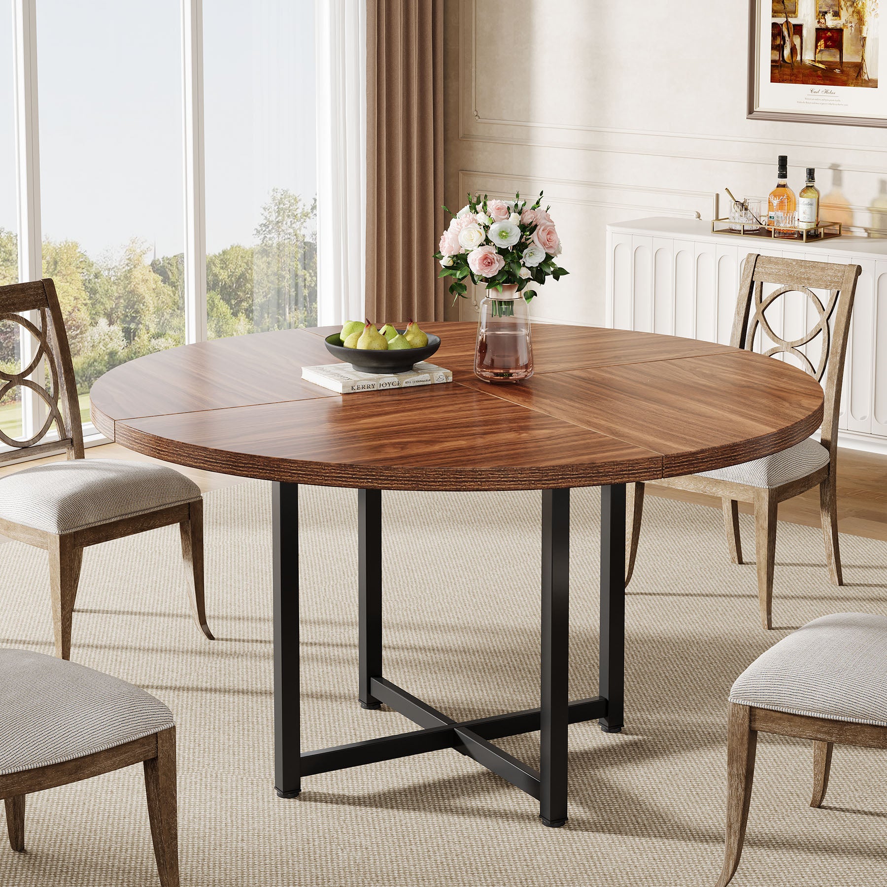 Tribesigns 120 cm Ronde Eettafel voor 4-6 Personen, Houten Tafel met Stevige Kruismetalen Poten voor Keuken en Woonkamer