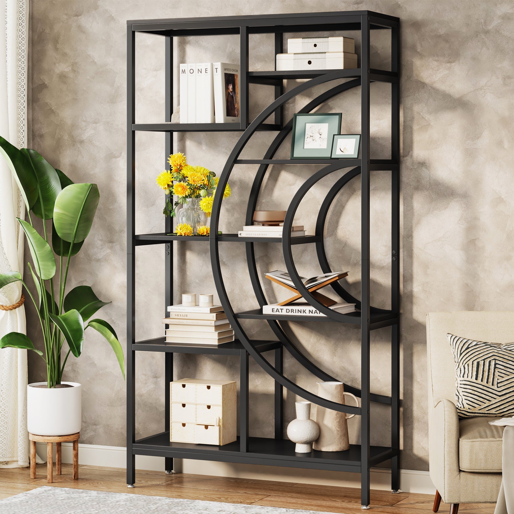 180 cm Geometrische Boekenkast, Industriële 8-Lags Boekenplank met Metalen Frame
