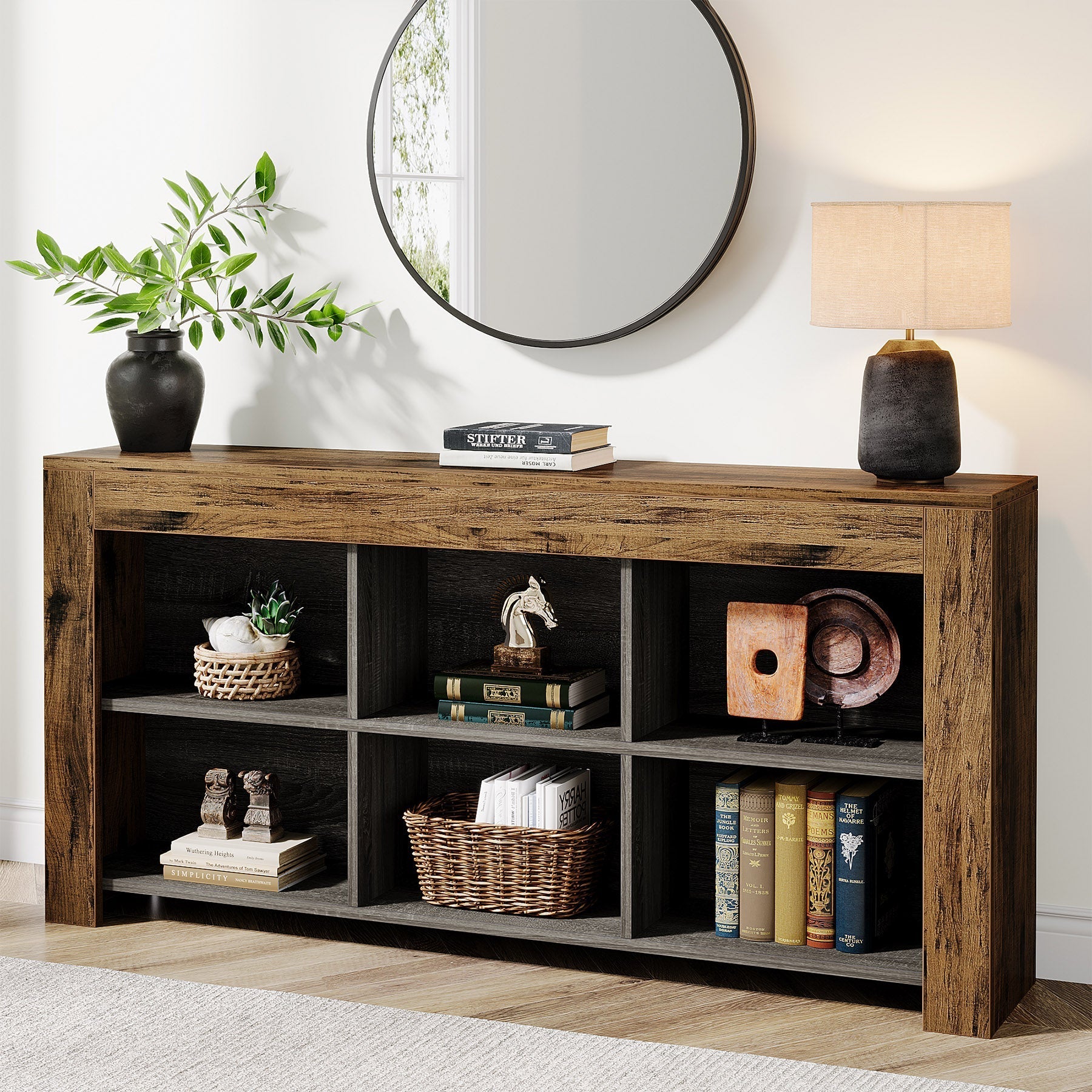 160 cm Consoletafel, Houten Tafel met 6 Opbergvakken voor Entree en Hal