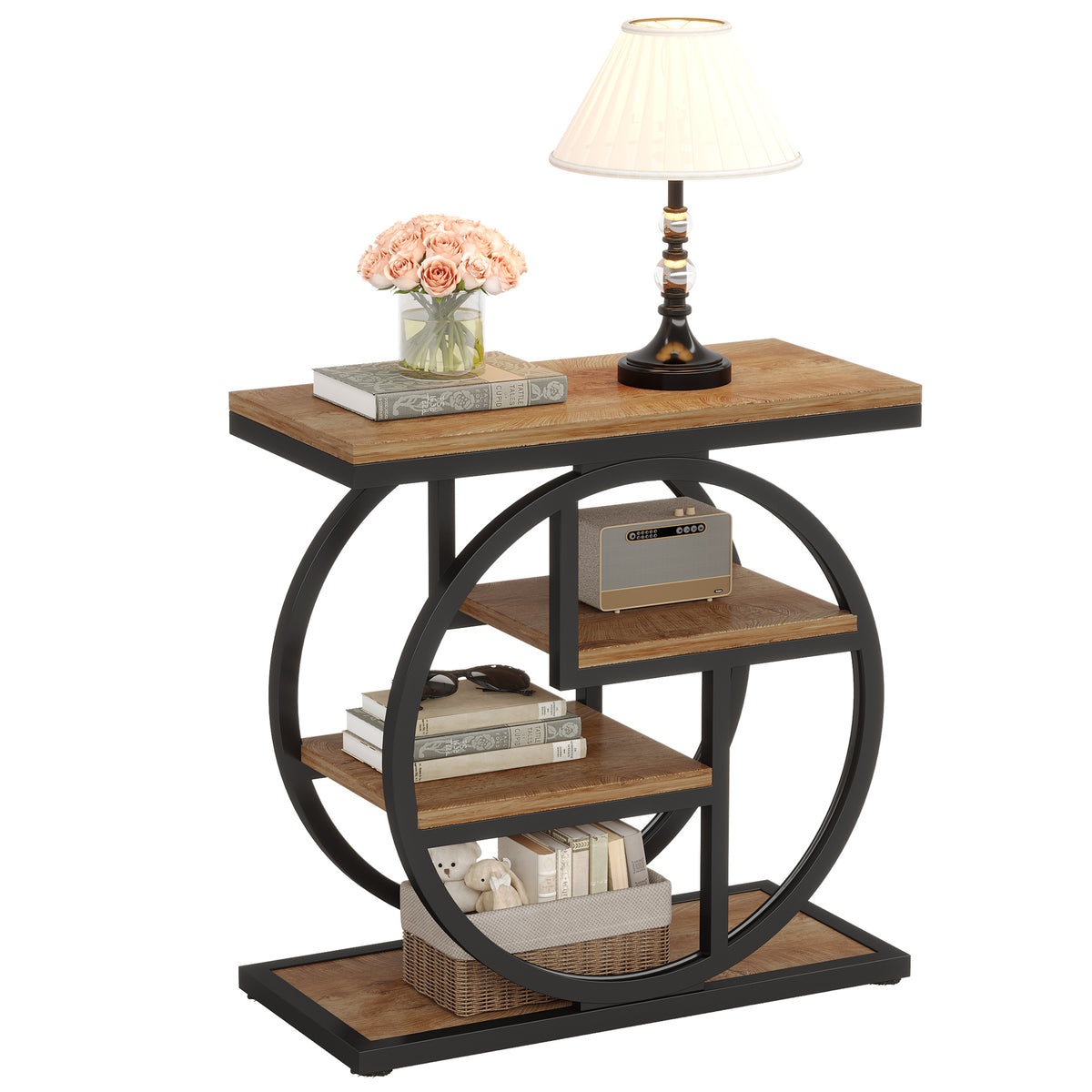 Tribesigns 65x30 cm smalle bijzettafel met 4-laags opbergruimte, industrieel design voor woonkamer