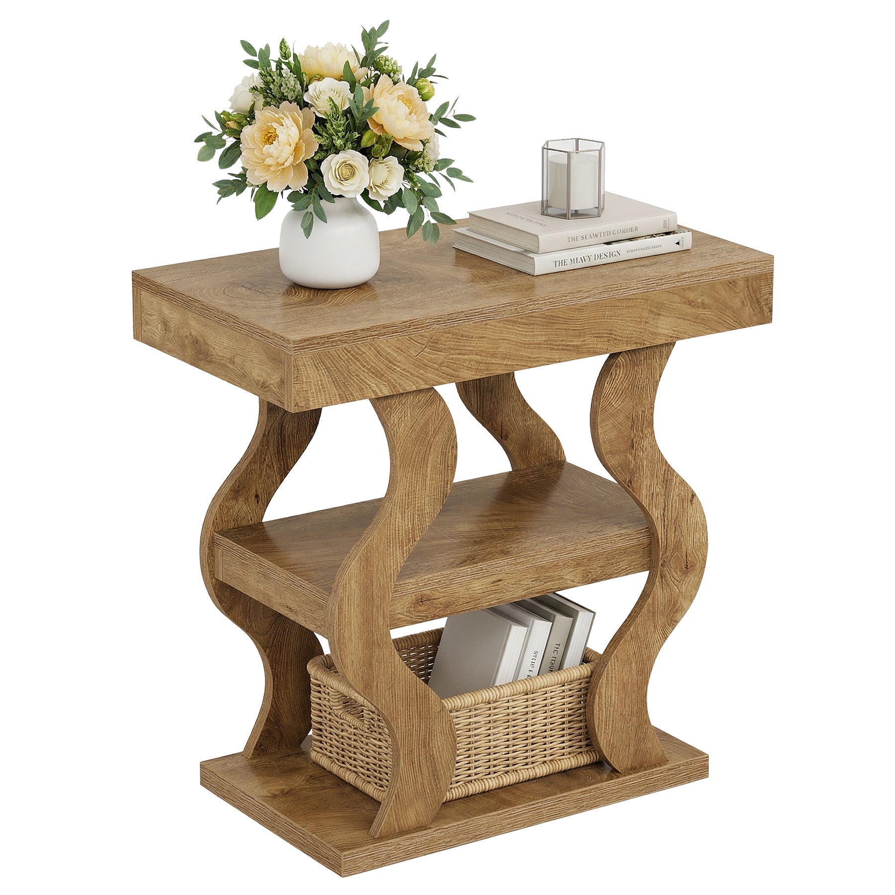Tribesigns 60 cm smalle 3-laagse bijzettafel, houten bijzettafel met plank voor woonkamer