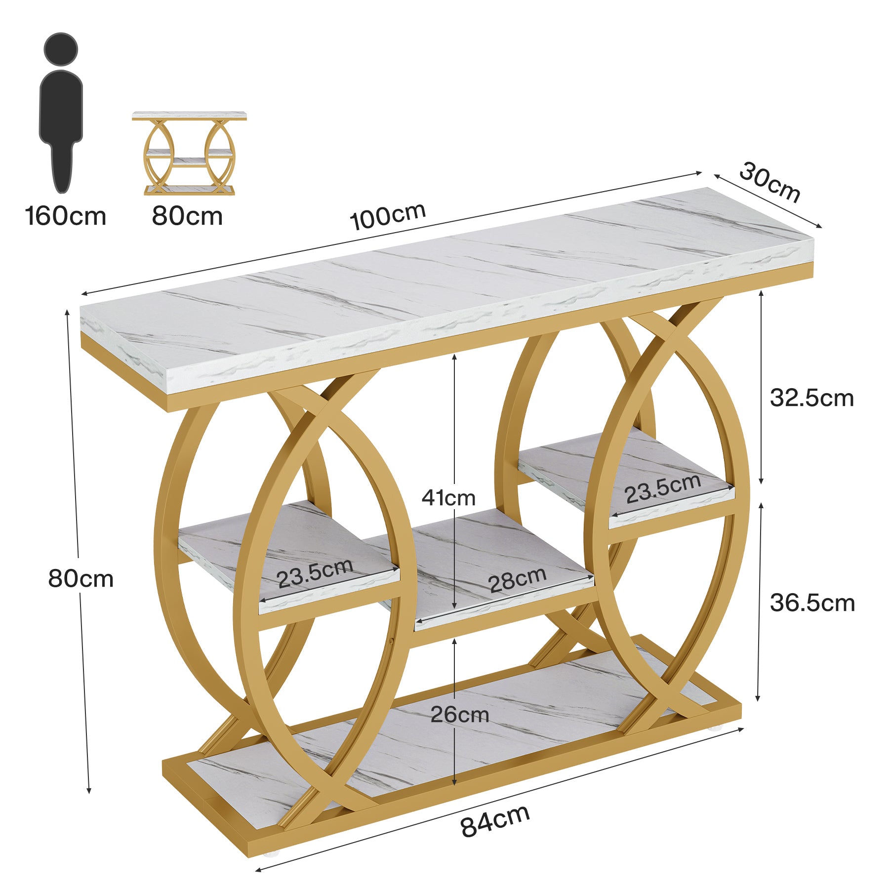 Industrieel Consoletafel 100 cm met 4 Opbergplanken, Smalle Houten Bijzettafel voor hal en Kleine Ruimtes