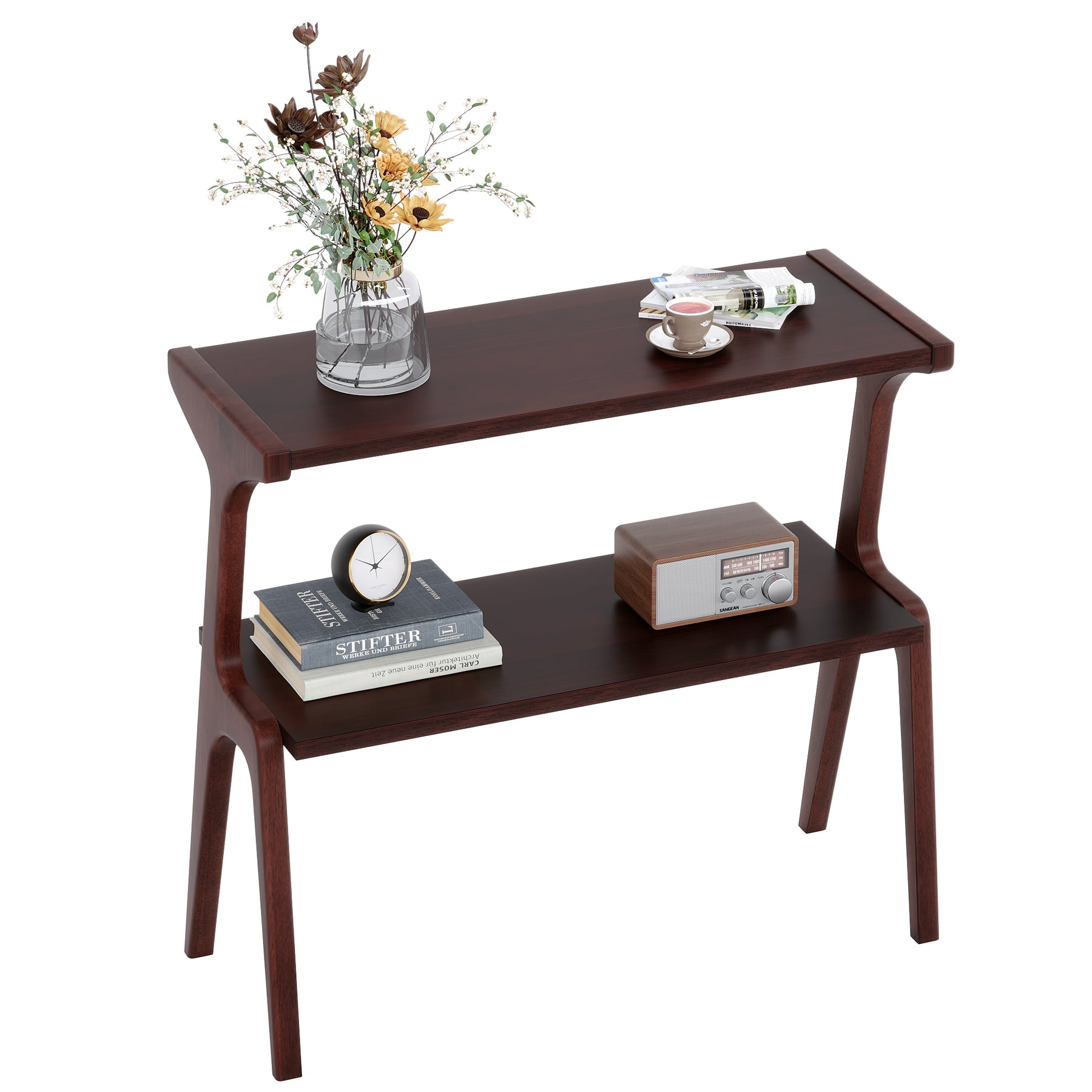 70 cm Tribesigns Bijzettafel van Massief Hout, Smalle 2-Laagse Tafel met Legplanken